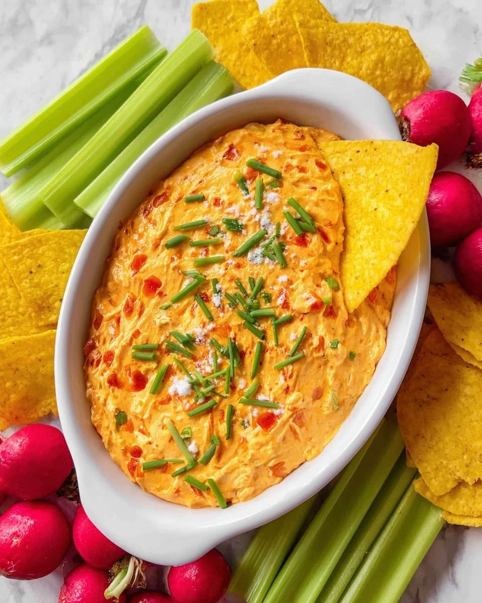 The image shows a white oval dish filled with a creamy, orange-colored dip that has small pieces of red pepper mixed in. The top of the dip is sprinkled with chopped green chives and a few flakes of white seasoning. A yellow corn chip is dipped into the right side of the dish, partly submerged in the dip. Around the dish, there are bright green celery sticks on the left side and red radishes on the top right. More yellow corn chips are placed on the left and bottom sides, all arranged neatly on a white marbled surface. Photo taken with an iphone --ar 4:5 --v 7
