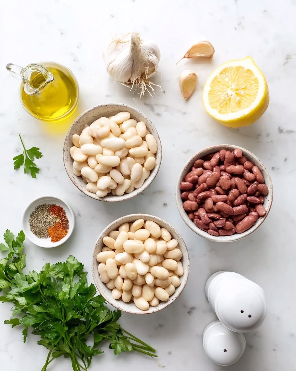 The image shows three small white bowls arranged on a white marbled surface. The top bowl contains large white beans that look smooth and soft. Below it to the left is a bowl filled with reddish-brown beans which appear firm and shiny. To the right of the reddish-brown beans is a bowl filled with smaller white beans with a slightly dull finish. Above the bowls are a whole bulb of garlic with roots showing, a halved lemon showing its yellow interior, and a glass bottle filled with golden olive oil. To the lower left are fresh green parsley leaves and a small white bowl with a mix of dried spices. In the bottom right corner are two white salt and pepper shakers. photo taken with an iphone --ar 4:5 --v 7