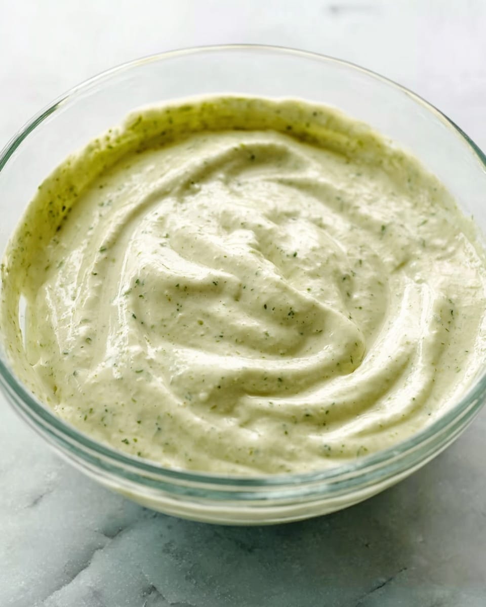 A clear glass bowl filled with a creamy, pale green sauce that has small green herb specks throughout. The sauce has a smooth and thick texture with visible swirl marks on the surface, creating a soft and wavy pattern. The bowl sits on a white marbled surface, and the sauce fills most of the bowl, showing even thickness all around. The lighting highlights the creamy texture and light green color, making it look fresh and inviting photo taken with an iphone --ar 4:5 --v 7