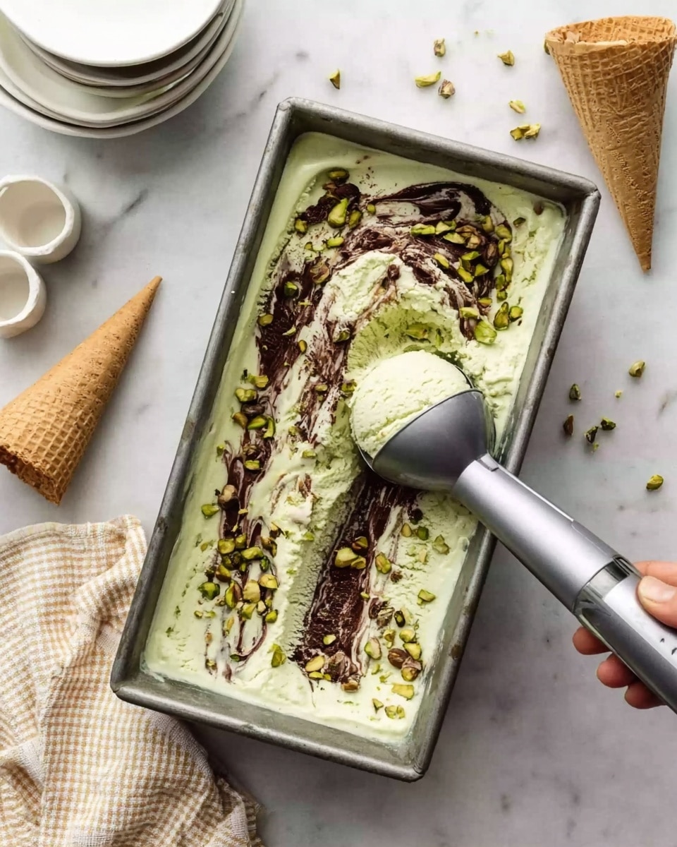 A metal rectangular container filled with light green ice cream layered with dark chocolate swirls and topped with chopped pistachios. A gray ice cream scoop with a woman's hand holding it scoops a round portion from the left side of the container. The container is placed on a white marbled surface next to two empty white ice cream cones and stacked white ceramic bowls on the top left with a beige checkered cloth napkin nearby. Photo taken with an iphone --ar 4:5 --v 7
