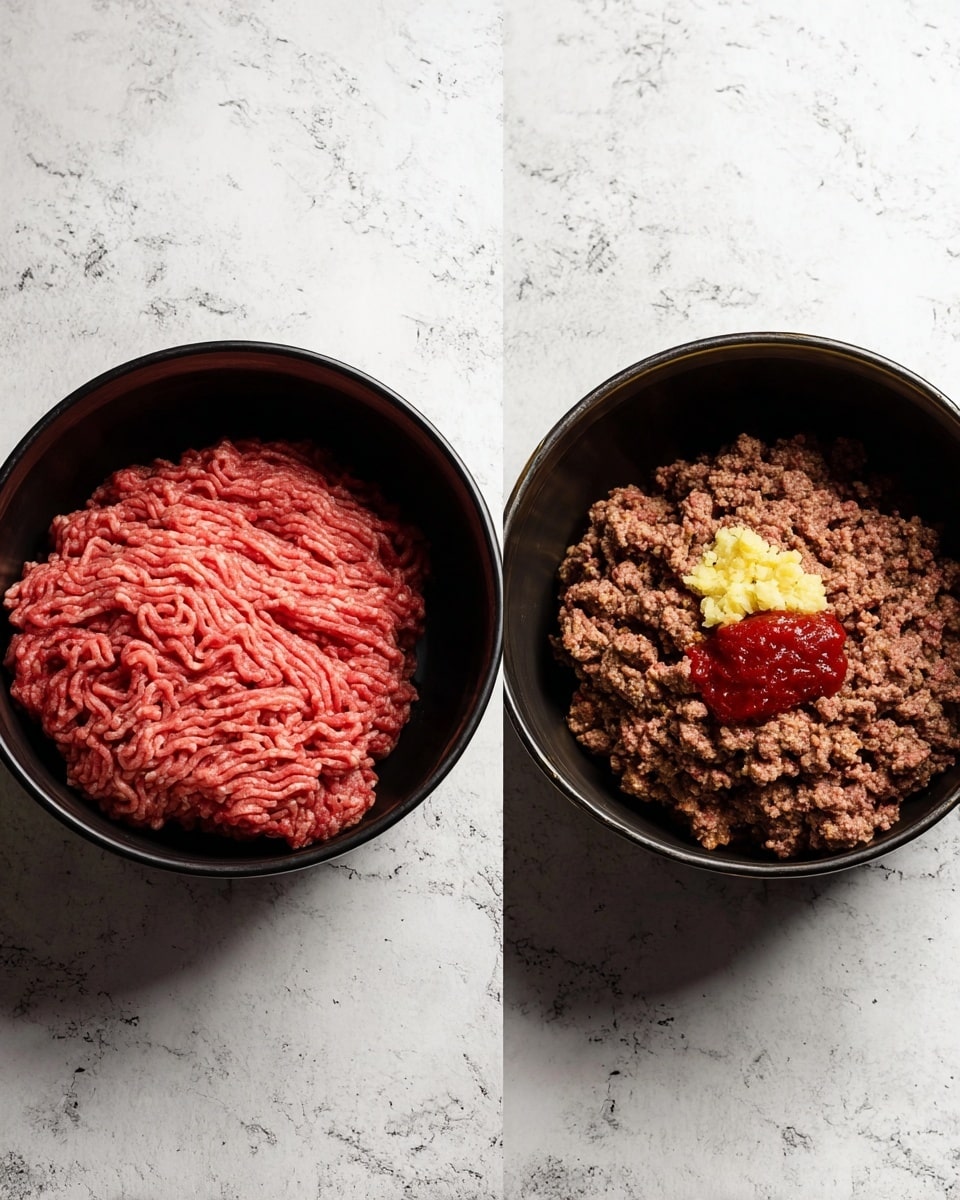 The image shows two black pots on a white marbled surface. The first pot contains a single layer of raw, pink ground meat spread in the center, with a slight texture of fine strands. The second pot shows cooked, crumbly brown ground meat filling the pot, with a small pile of bright red tomato paste and pale yellow minced garlic placed on top at the center. The contrast between the raw and cooked meat layers is clear, and the ingredients are neatly arranged in the middle of the pots, photo taken with an iphone --ar 4:5 --v 7