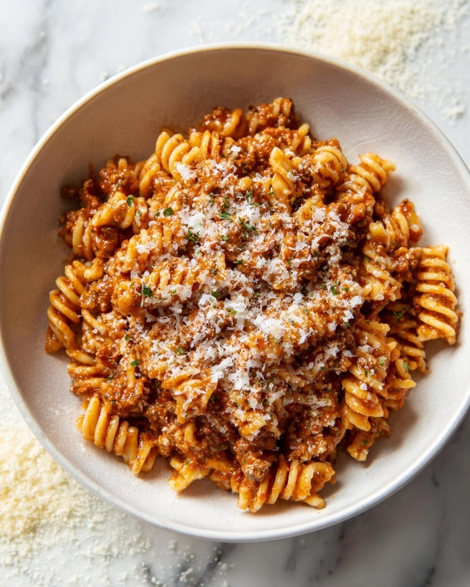 This is a white bowl filled with a single layer of spiral pasta mixed with a thick brownish-red meat sauce. The sauce looks creamy and covers the pasta evenly, with visible bits of ground meat throughout. The pasta is topped with finely grated white cheese and small sprinkles of green herbs, giving texture and color contrast. The bowl is set on a white marbled surface with some grated cheese scattered lightly around the edges. photo taken with an iphone --ar 4:5 --v 7
