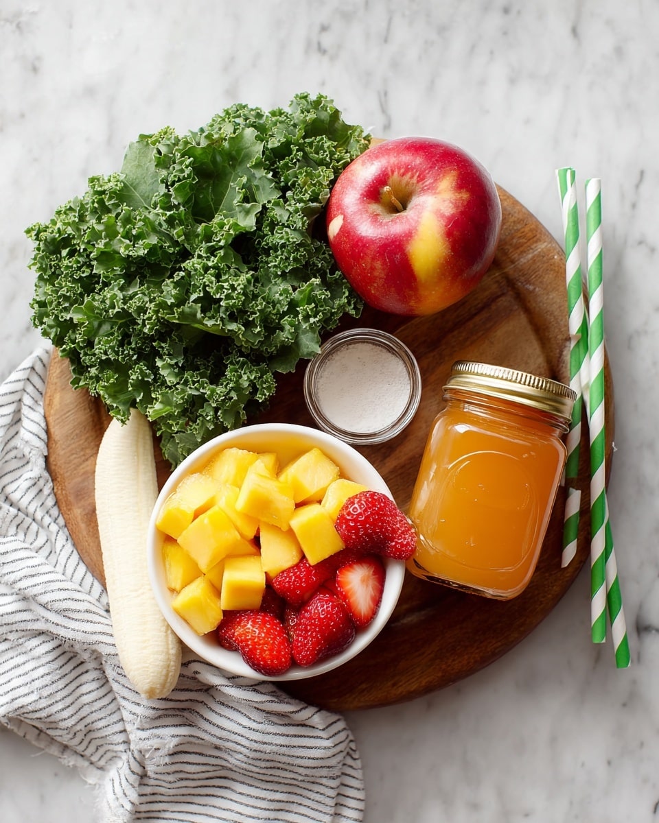 A round wooden board sits on a white marbled surface, holding fresh green kale leaves on the left side with their curly texture visible. Leaning on the kale is a shiny red apple with yellow highlights near its top center. Below the apple and kale is a white bowl filled with frozen chunks of bright yellow mango, red strawberries, and a peeled banana piece resting on the left. Next to the bowl, a small white cup holds a fine white powder. On the right side of the board is a clear glass jar filled with orange liquid, topped with a golden lid. Two green and white striped paper straws rest diagonally on the top right of the board. A striped cloth napkin peeks from the bottom left corner of the image. Photo taken with an iphone --ar 4:5 --v 7