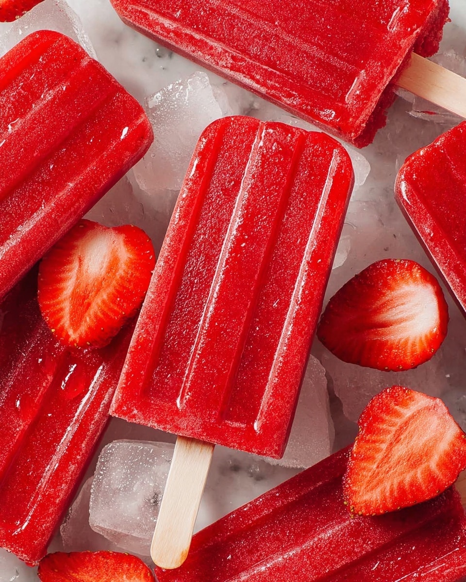 The image shows several bright red popsicles with a smooth texture and slight icy shine, stacked closely together on a bed of clear ice cubes. The popsicles have parallel grooves running lengthwise, and one wooden stick is visible coming out of the bottom of the closest popsicle. Around the popsicles are fresh strawberry halves with vibrant red flesh and white centers. The entire scene rests on a white marbled surface. photo taken with an iphone --ar 4:5 --v 7