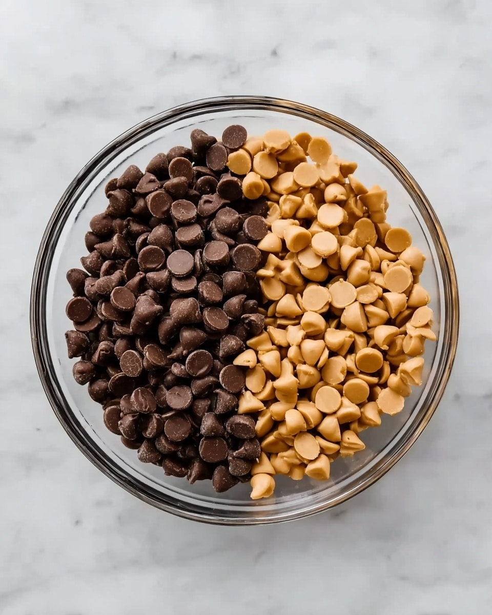 A clear glass bowl sits on a white marbled surface, filled with two types of chocolate chips arranged side by side. On one side, there are small, dark brown chocolate chips, smooth and shiny, while on the other side, there are small, light brown peanut butter chips with a matte texture. The chips are evenly divided, creating a clear contrast between the two colors and textures inside the bowl. photo taken with an iphone --ar 4:5 --v 7
