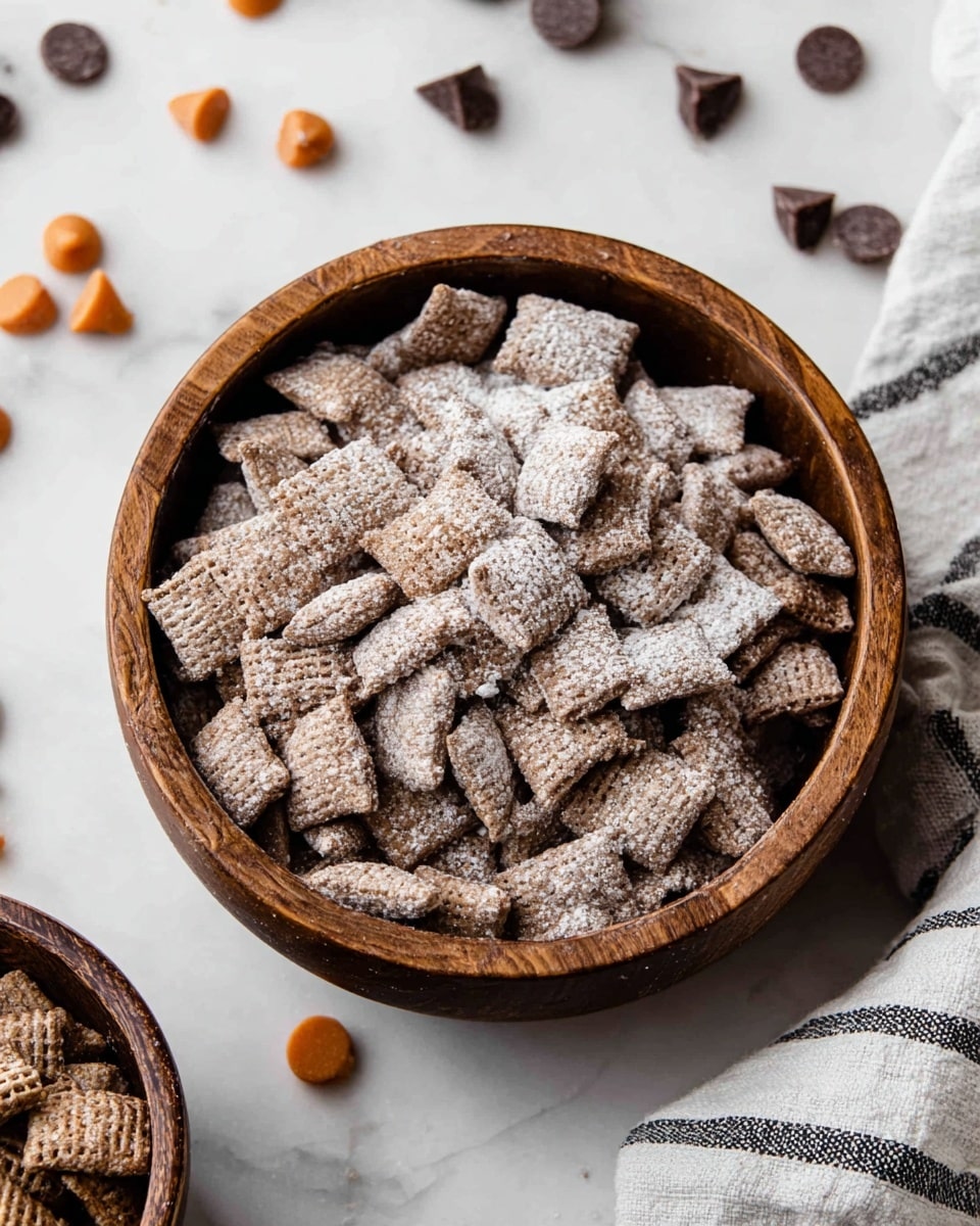 A medium brown wooden bowl filled with light brown, square-shaped cereal pieces dusted with white powder, giving them a frosted look. The bowl sits on a white marbled surface, surrounded by scattered chocolate and butterscotch chips. To the right, there is a light gray cloth with black stripes casually placed next to the bowl. In the bottom left corner, part of a smaller dark brown bowl also filled with the same cereal can be seen. photo taken with an iphone --ar 4:5 --v 7