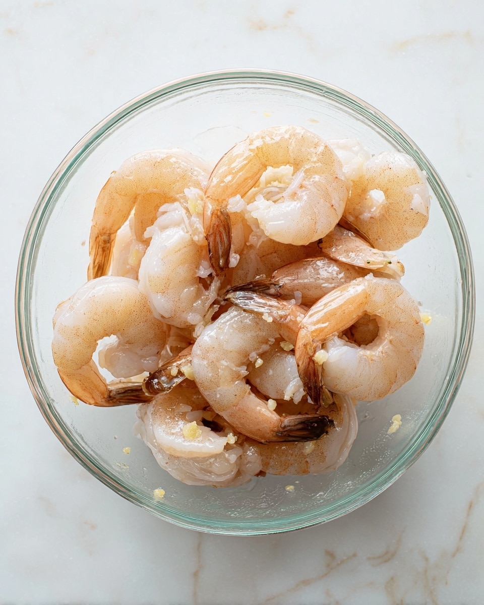 A clear glass bowl sits on a white marbled surface, filled with peeled raw shrimp that have pinkish-white translucent bodies and dark orange-brown tails. The shrimp are irregularly piled, slightly shiny from moisture or light seasoning that includes small bits of pale yellow. The overall look is fresh and simple with the shrimp’s curved shapes and smooth texture clearly visible. Photo taken with an iphone --ar 4:5 --v 7