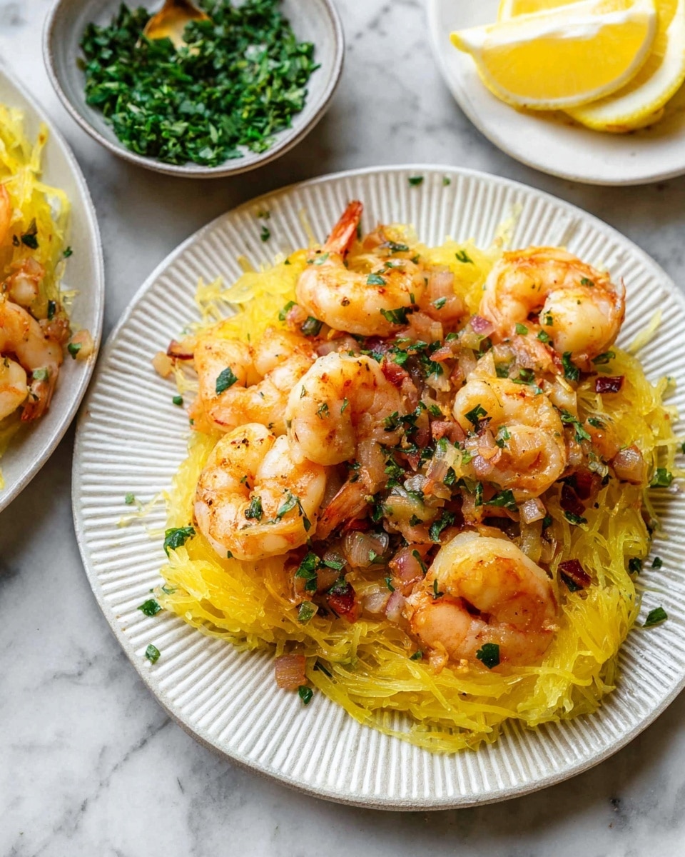 A white plate with ridged edges holds a serving of bright yellow spaghetti squash strands as the base layer, topped with medium-sized cooked shrimp that are pink with a slight char. Scattered diced onions and bits of green herbs are sprinkled over the dish, adding texture and color contrast. The shrimp have a shiny, lightly coated look from the sauce or oil. The plate sits on a white marbled surface next to a bowl with fresh green chopped herbs and a small white plate holding lemon wedges. The photo was taken with an iphone --ar 4:5 --v 7