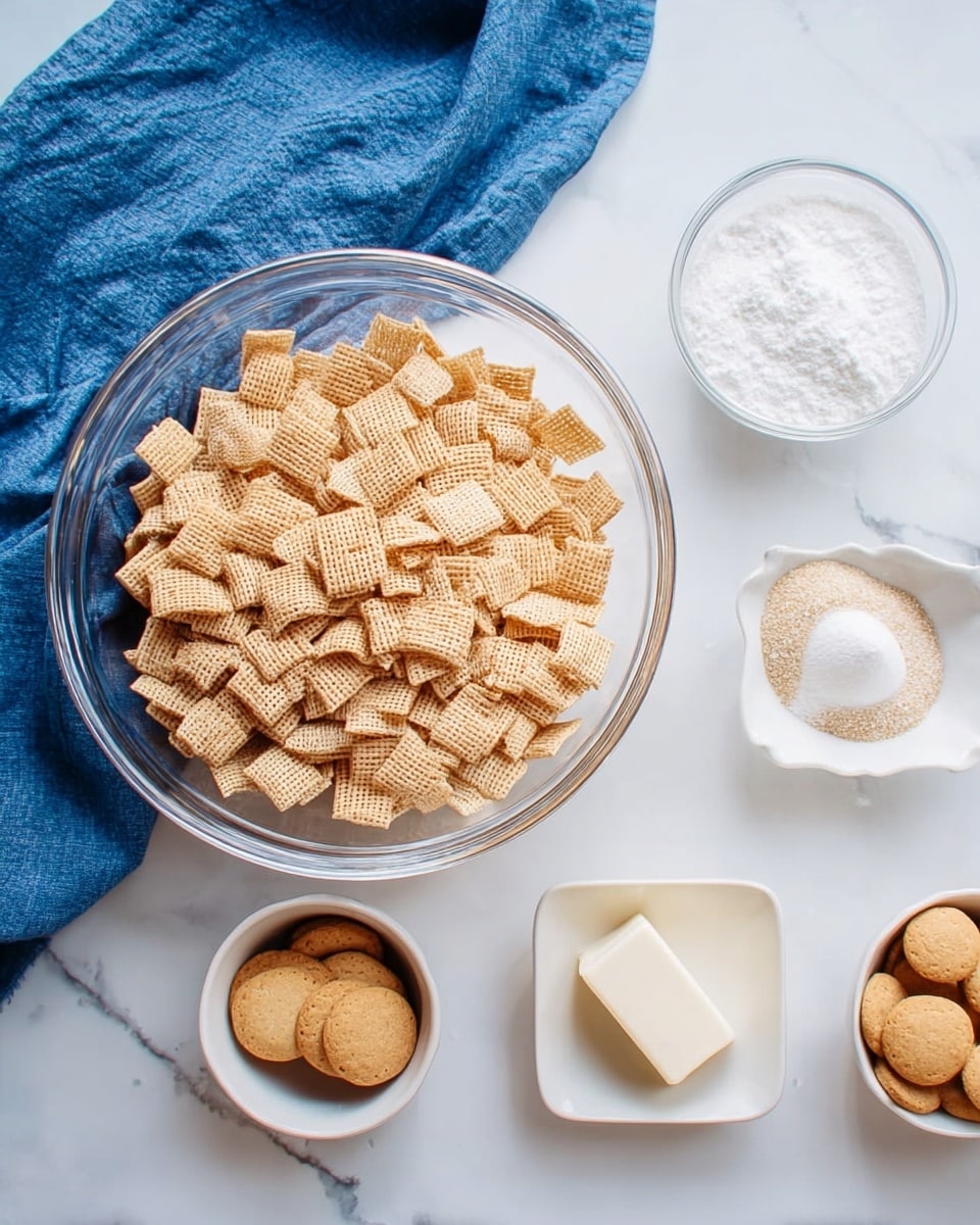 A clear glass bowl sits on a white marbled surface with a blue cloth underneath, filled with a large amount of light brown square cereal pieces that have a woven texture. To the right, there are four white dishes arranged together: a square dish with a heap of powdered sugar, a small round bowl with a white powder inside, a tiny round bowl holding a white cube of butter, and another square dish containing small round light brown cookies. The setting is bright and clean with soft natural light. Photo taken with an iphone --ar 4:5 --v 7