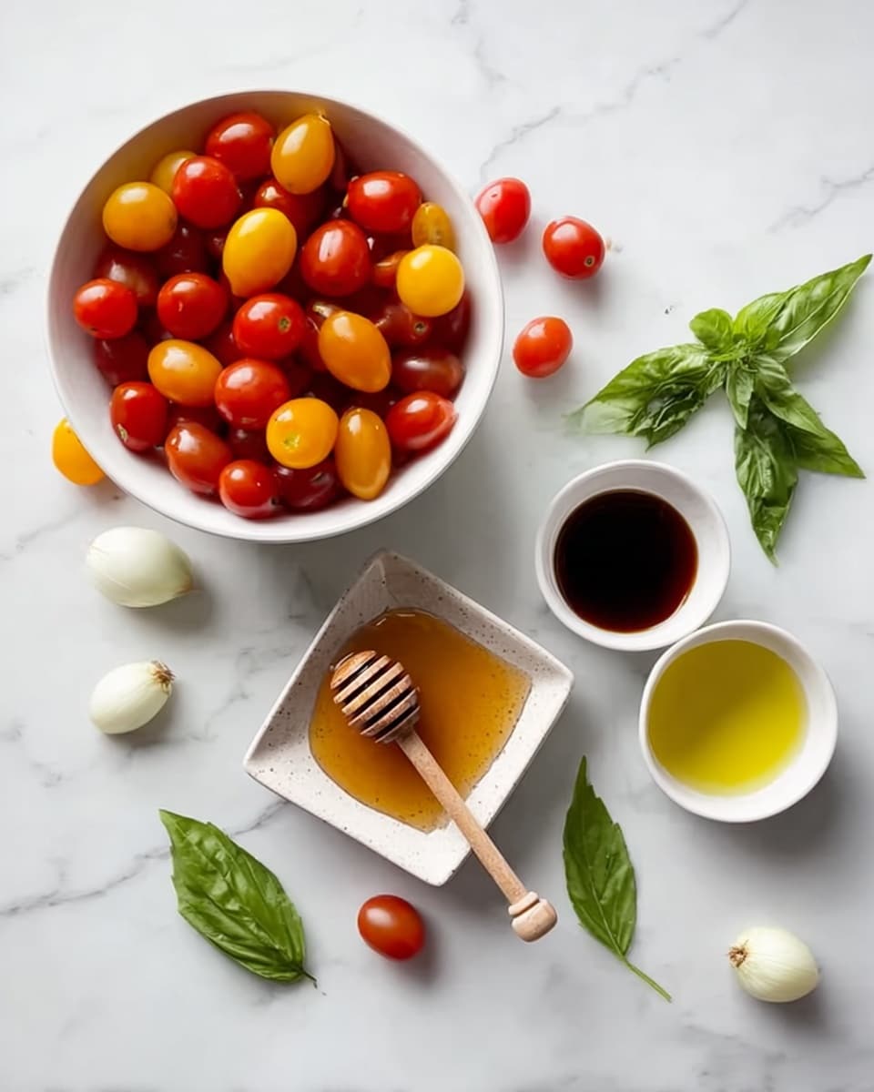 The image shows a white bowl full of small red and yellow cherry tomatoes placed on the top left of a white marbled surface. Below, there is a square white dish containing honey with a wooden honey dipper resting inside. To the right side of the image, two small white bowls hold dark balsamic vinegar and golden olive oil. A few fresh green basil leaves and small round white onions are scattered across the marble surface along with a couple of loose cherry tomatoes. The scene is bright and clean with a simple, fresh look. photo taken with an iphone --ar 4:5 --v 7