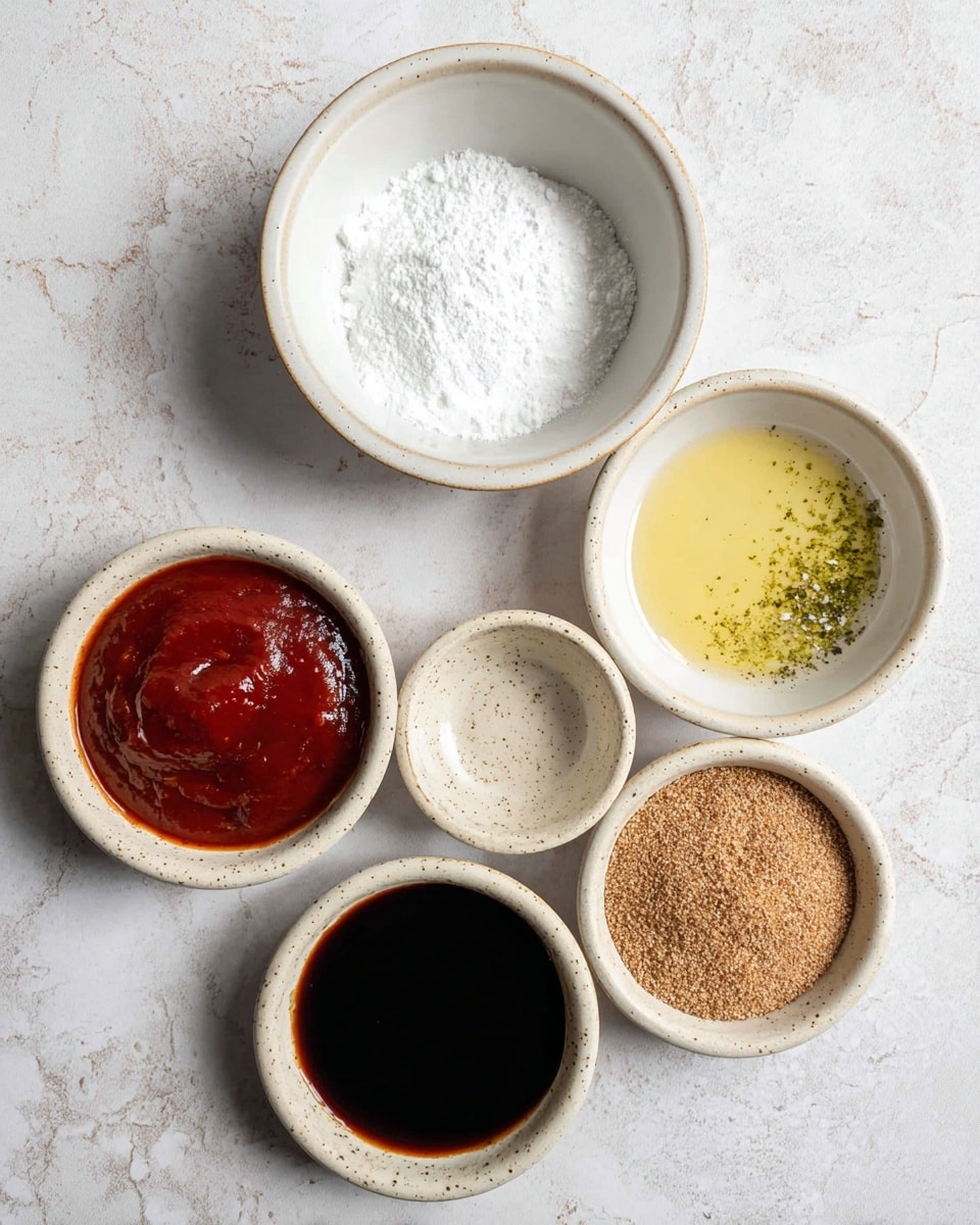 Six small white bowls with speckles are arranged on a white marbled surface. The top bowl holds a white powdery substance, the bowl to the left of it is empty with a smooth inside. To the right is a bowl with a light yellow liquid and a few small green bits. Below to the left is a bowl filled with a thick deep red sauce, and to the right of that is a bowl with dark brown liquid. The bottom bowl contains a coarse light brown powder. The bowls are placed close to each other in a loose circular shape. Photo taken with an iphone --ar 4:5 --v 7