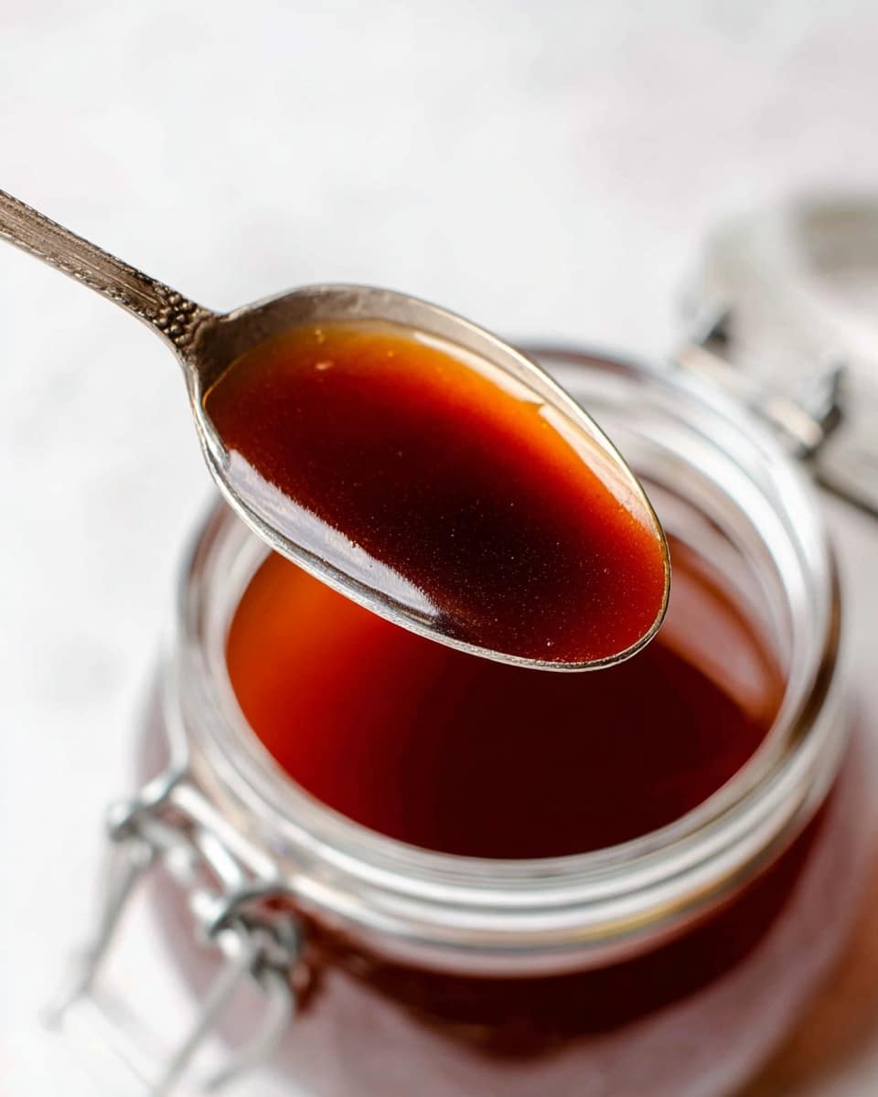 A close-up view of a silver spoon filled with a smooth, dark reddish-brown liquid held above a clear glass jar also filled with the same liquid, all placed on a white marbled surface that shows slight texture and faint shadowing around the jar. The liquid in the spoon and jar has a glossy, thick appearance with light reflecting on its surface, adding depth and richness to the color. The jar is open with its metal clasp visible but out of focus in the background. photo taken with an iphone --ar 4:5 --v 7