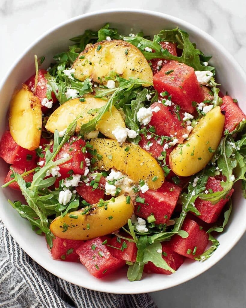 Watermelon Peach Salad with Feta and Arugula Recipe