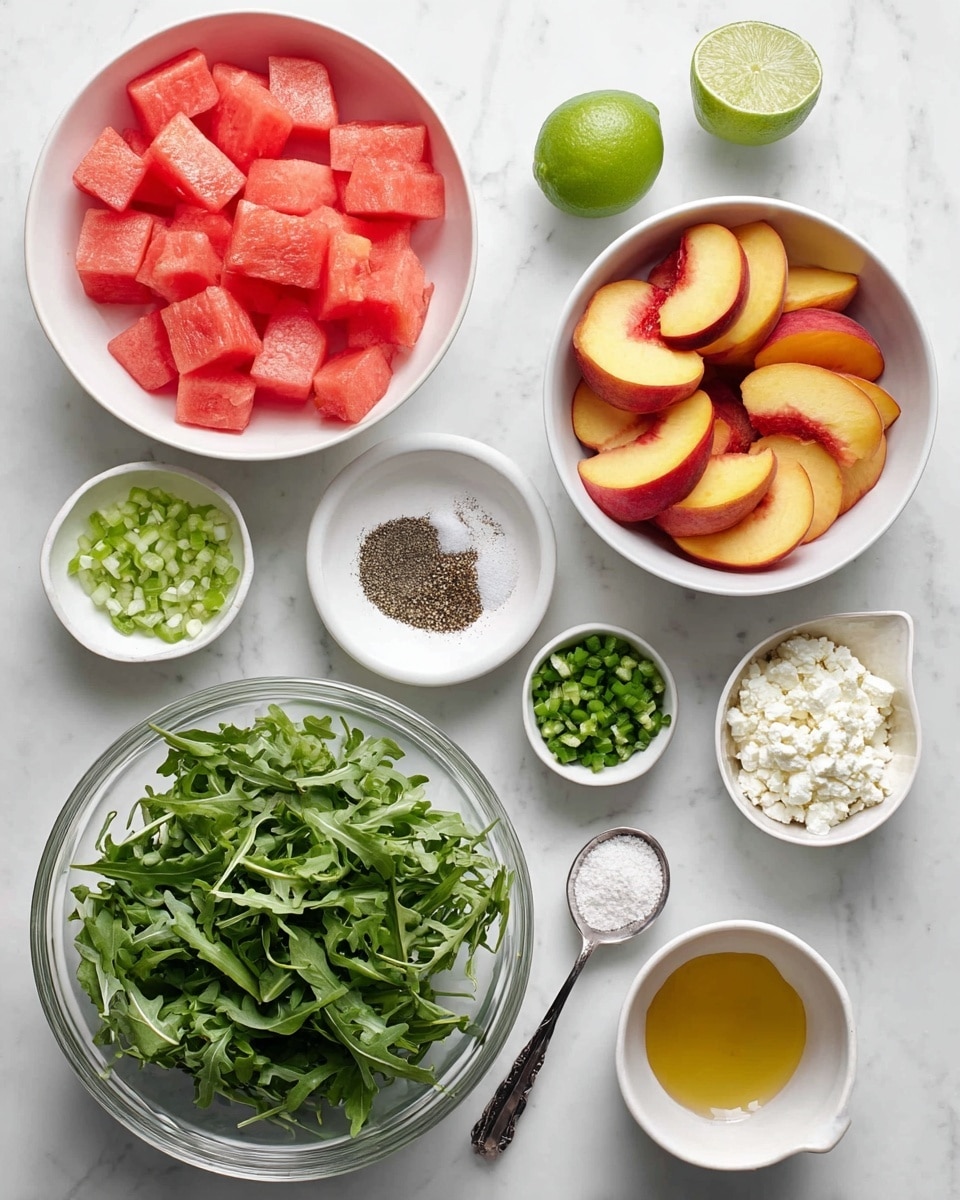 A top view of several bowls and a spoon arranged on a white marbled surface. The largest bowl at the top center is filled with bright red watermelon cubes. To its right, a white bowl holds many orange and red peach slices. Two lime halves, green on the outside and pale green inside, are placed near the bowls. Below the watermelon bowl is a large clear bowl full of fresh green arugula leaves. Near it, a small white bowl contains salt and black pepper, while two smaller white bowls hold finely chopped green jalapeño and dark green chives. Below the peaches, another white bowl contains chopped light and dark green scallions, and next to it is a bowl of crumbled white feta cheese. At the bottom right, a small white cup is filled with a golden liquid, likely oil or dressing, beside a teaspoon holding minced garlic. Photo taken with an iphone --ar 4:5 --v 7