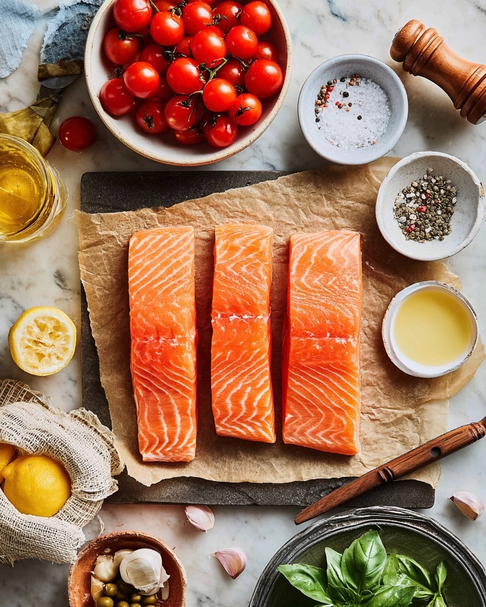 Three raw, bright orange salmon fillets with white lines lie flat on brown parchment paper on a dark gray cutting board in the middle of a white marbled surface. Above them is a white bowl filled with shiny red cherry tomatoes with a knife resting on the bowl's edge. To the right are two small white bowls, one filled with coarse salt and the other with cracked black pepper. A wooden pepper grinder is near the top right corner. Below the bowls is a small glass cup with light yellow liquid, and next to it are two squeezed lemon halves with a wooden lemon juicer. At the bottom right corner is a white bowl holding fresh green basil leaves. The bottom left corner shows a white net bag holding two whole yellow lemons, a small terracotta bowl with capers, a bottle of golden olive oil, and some garlic cloves on a metal plate. Photo taken with an iphone --ar 4:5 --v 7
