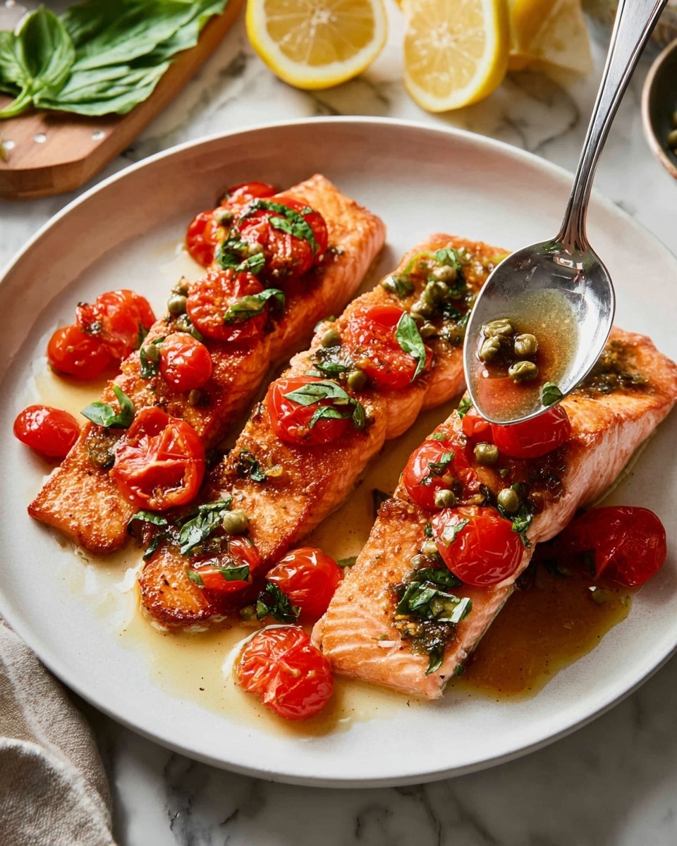 Three pieces of cooked salmon fillets with a light brown crispy texture on top are laid out on a white plate. Over the salmon, there are bright red cherry tomato halves mixed with dark green basil strips and small green capers. A silver spoon is shown adding a glossy sauce with the same tomato and green herb mix on the top right salmon piece. The plate is on a white marbled surface with a halved lemon and other kitchen items in the background. photo taken with an iphone --ar 4:5 --v 7