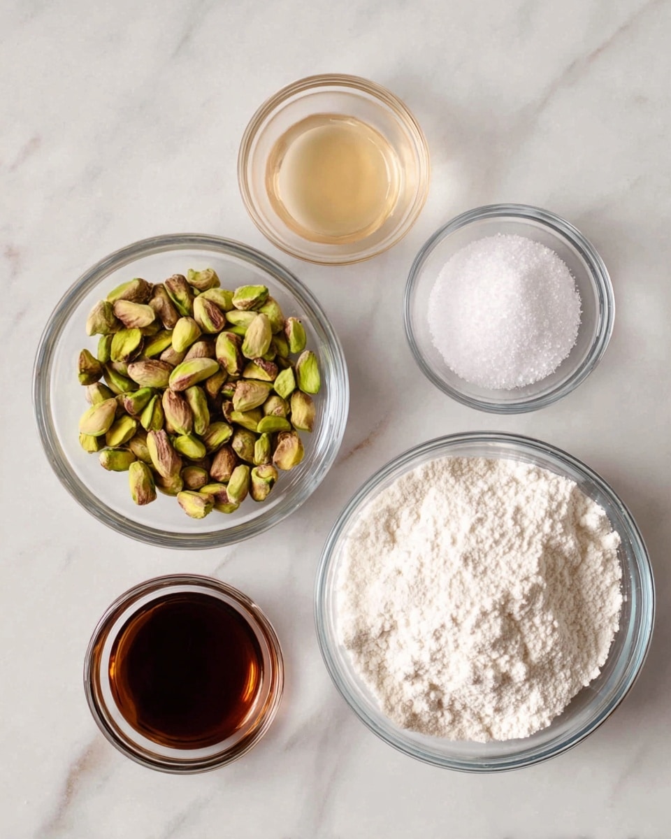 Five clear glass bowls set on a white marbled surface hold different ingredients. The largest bowl on the lower right is filled with a white, powdery texture. To its left, a medium bowl contains green pistachios with some brown spots. Above that are two smaller bowls: one with a light beige liquid and another with white salt crystals. On the upper right, a clear bowl contains a dark brown liquid. photo taken with an iphone --ar 4:5 --v 7