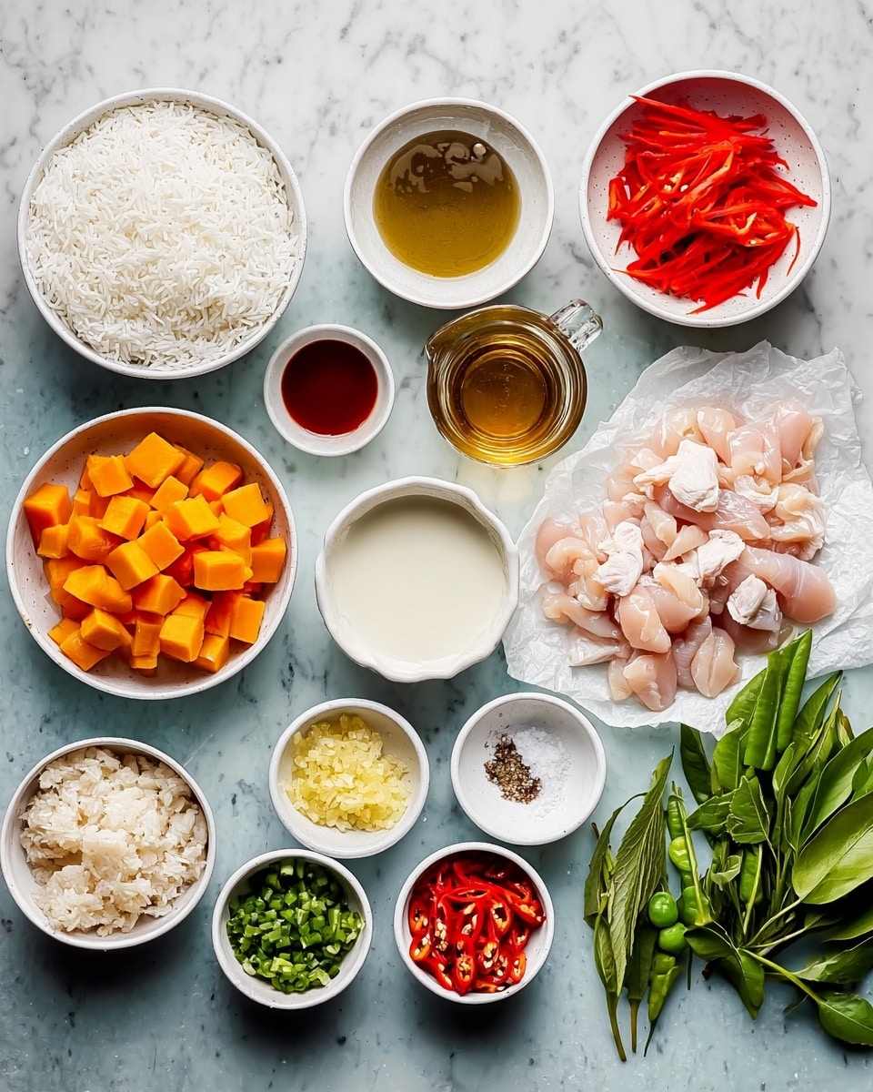 The image shows a top view of various cooking ingredients arranged neatly on a white marbled surface. There is a bowl of white cooked rice on the left, next to a bowl filled with large orange cubes. In the middle is a white bowl with thin red strips, and next to it is a small glass container with light brown liquid and a white bowl with creamy white liquid. A pile of pale pink raw chicken slices is placed on white paper near the center. Surrounding these are small white bowls filled with different items: bright red sauce, light yellow minced paste, pale green sliced vegetable, and salt. There is also a small green bowl with chopped red chilies and a white bowl with green pods next to fresh green leafy herbs on the right side. photo taken with an iphone --ar 4:5 --v 7