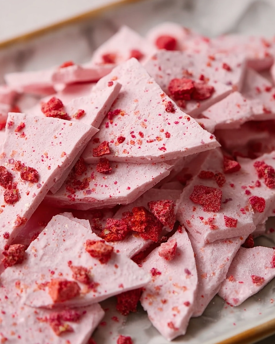 The image shows a tray filled with broken pieces of light pink bark. Each piece has a smooth but slightly textured surface with small red bits embedded and sprinkled on top. The bark pieces are irregular in shape, layered closely together, and rest on a white marbled surface, giving a clean and bright look. Some larger red crumbly bits sit on top of the bark pieces, adding contrast and extra texture. The overall visual is soft pink with vibrant red highlights scattered throughout. Photo taken with an iphone --ar 4:5 --v 7