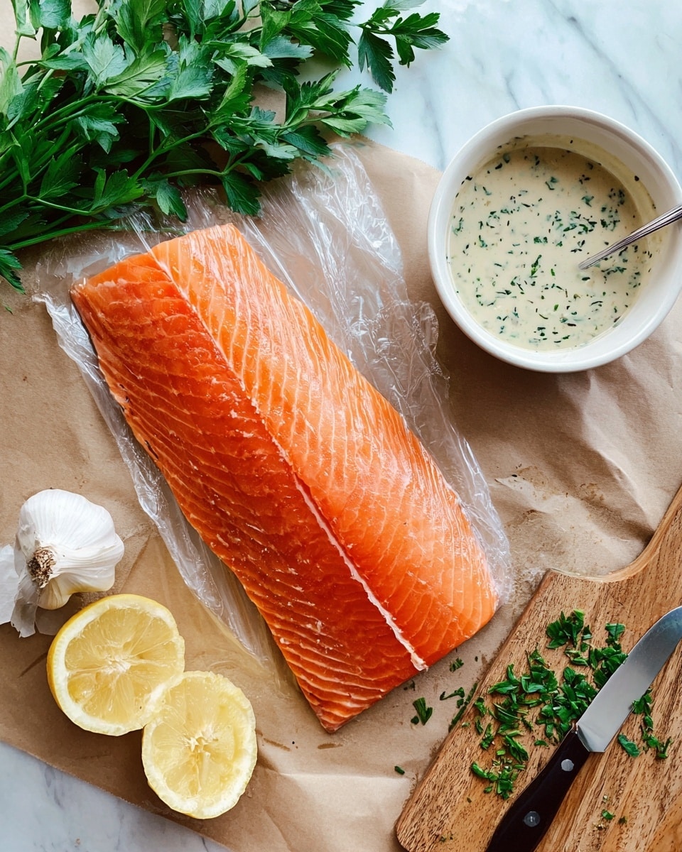 A large piece of fresh orange salmon with visible white fat lines lies flat on clear plastic wrap on a white marbled surface covered partially with brown parchment paper. Above it, bright green parsley leaves spread out, adding a fresh touch. To the right, a white bowl filled with creamy light beige sauce mixed with chopped green herbs has a silver spoon in it. Below the salmon, two lemon halves show bright yellow color and smooth texture, next to a whole bulb of garlic with a white skin. A wooden cutting board with scattered parsley and a sharp knife with some green herb bits on the blade is at the bottom right corner. photo taken with an iphone --ar 4:5 --v 7