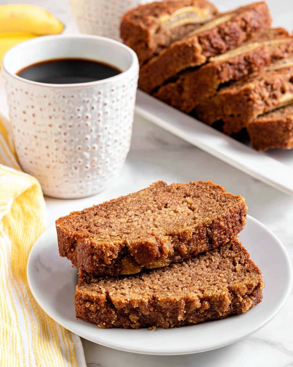 Two thick slices of brown banana bread with a rough, crumbly texture sit stacked on a white plate in the foreground. Behind them, a white rectangular plate holds a stack of several more banana bread slices. To the right, there is a white cup with a textured polka dot pattern filled with black coffee. The items rest on a white marbled surface with a soft yellow and white striped cloth partially visible near the bottom left corner. Photo taken with an iphone --ar 4:5 --v 7