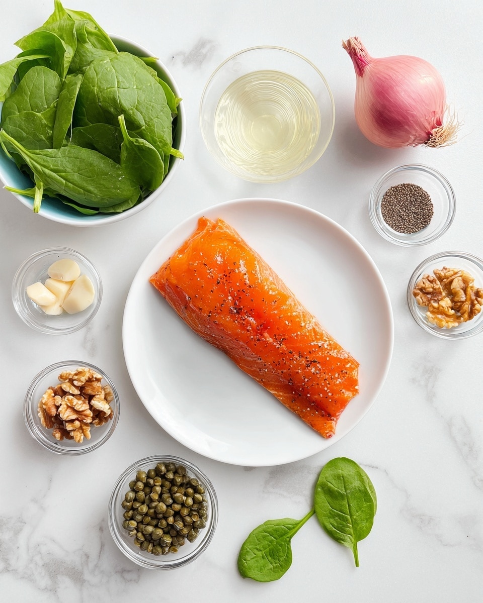 A glossy orange cooked salmon fillet sits centered on a white plate, its grilled texture clear. Surrounding the plate on a white marbled surface are small glass bowls containing green capers, light brown walnut pieces, black peppercorns, coarse grain mustard, a peeled garlic clove, and a clear liquid, possibly water or vinegar. A bunch of fresh green spinach leaves in a white bowl is at the top left, and a whole shallot with pink skin is on the right. One loose spinach leaf is placed near the bottom, adding a touch of green contrast. photo taken with an iphone --ar 4:5 --v 7