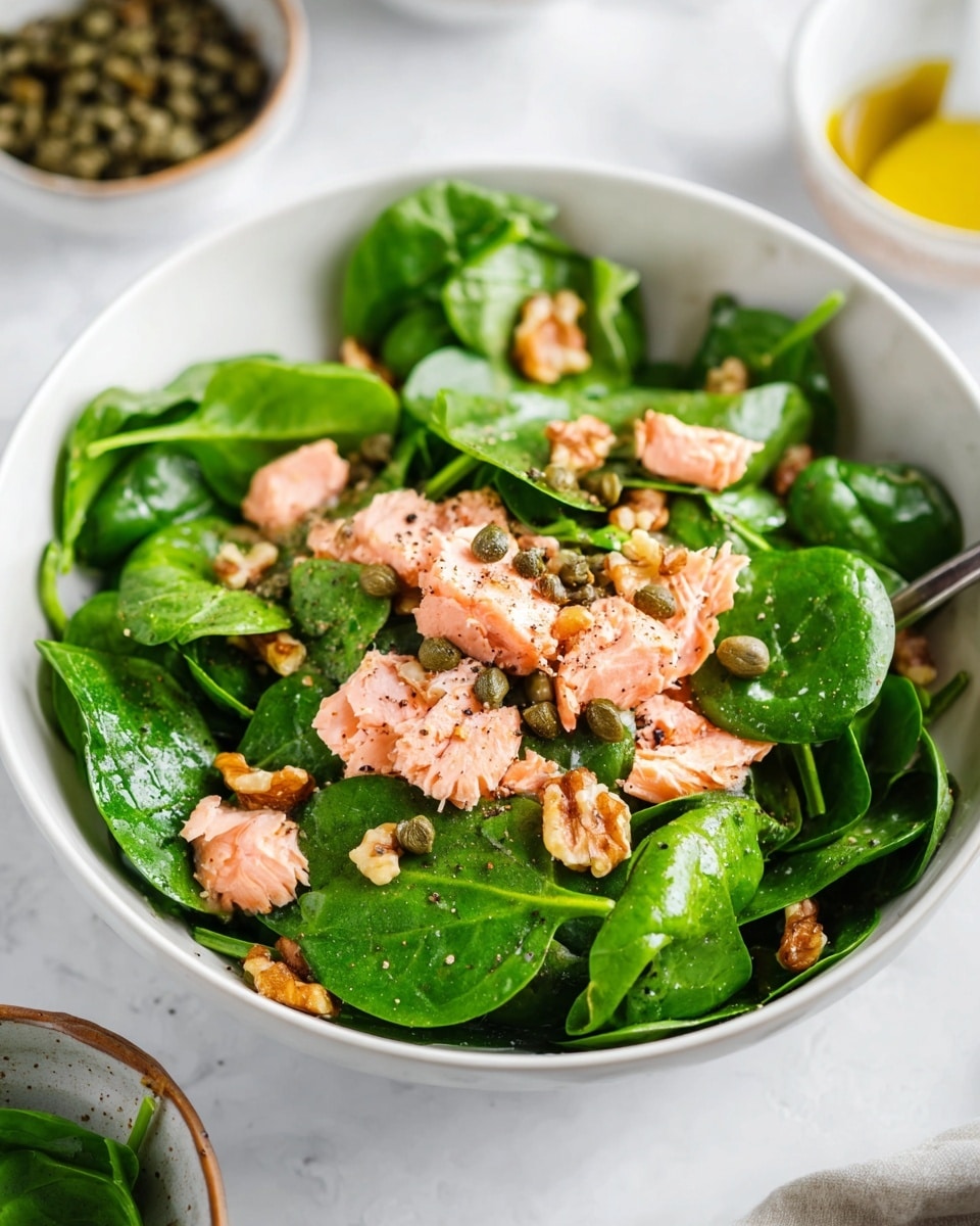 A white bowl filled with fresh dark green spinach leaves as the base layer, topped with light pink pieces of cooked salmon scattered evenly. Small light brown walnut chunks and dark green capers are sprinkled on top, adding texture and contrast. The whole salad is lightly sprinkled with black pepper, giving it a seasoning touch. The bowl is placed on a white marbled surface with small bowls of spinach leaves, capers, and mustard visible around it. Photo taken with an iphone --ar 4:5 --v 7