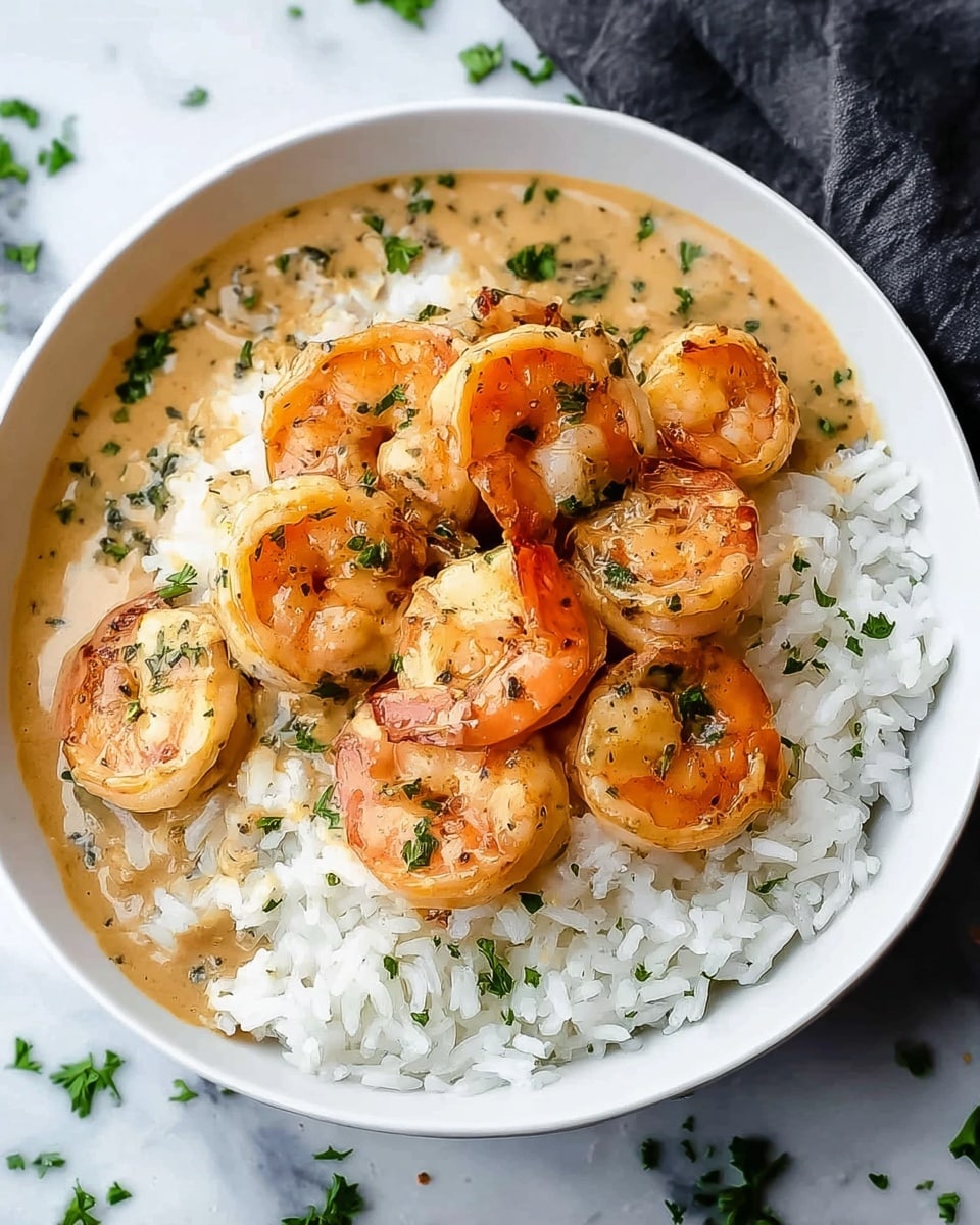 A white bowl filled with a thick layer of white rice at the bottom, topped in the center with a creamy light brown sauce. On top of the sauce, there are seven large cooked shrimp arranged in a small pile, with a warm orange-pink color and slight grill marks. Small green parsley pieces are sprinkled over the shrimp, sauce, and rice. The bowl sits on a white marbled surface with some small green herb pieces scattered nearby. photo taken with an iphone --ar 4:5 --v 7