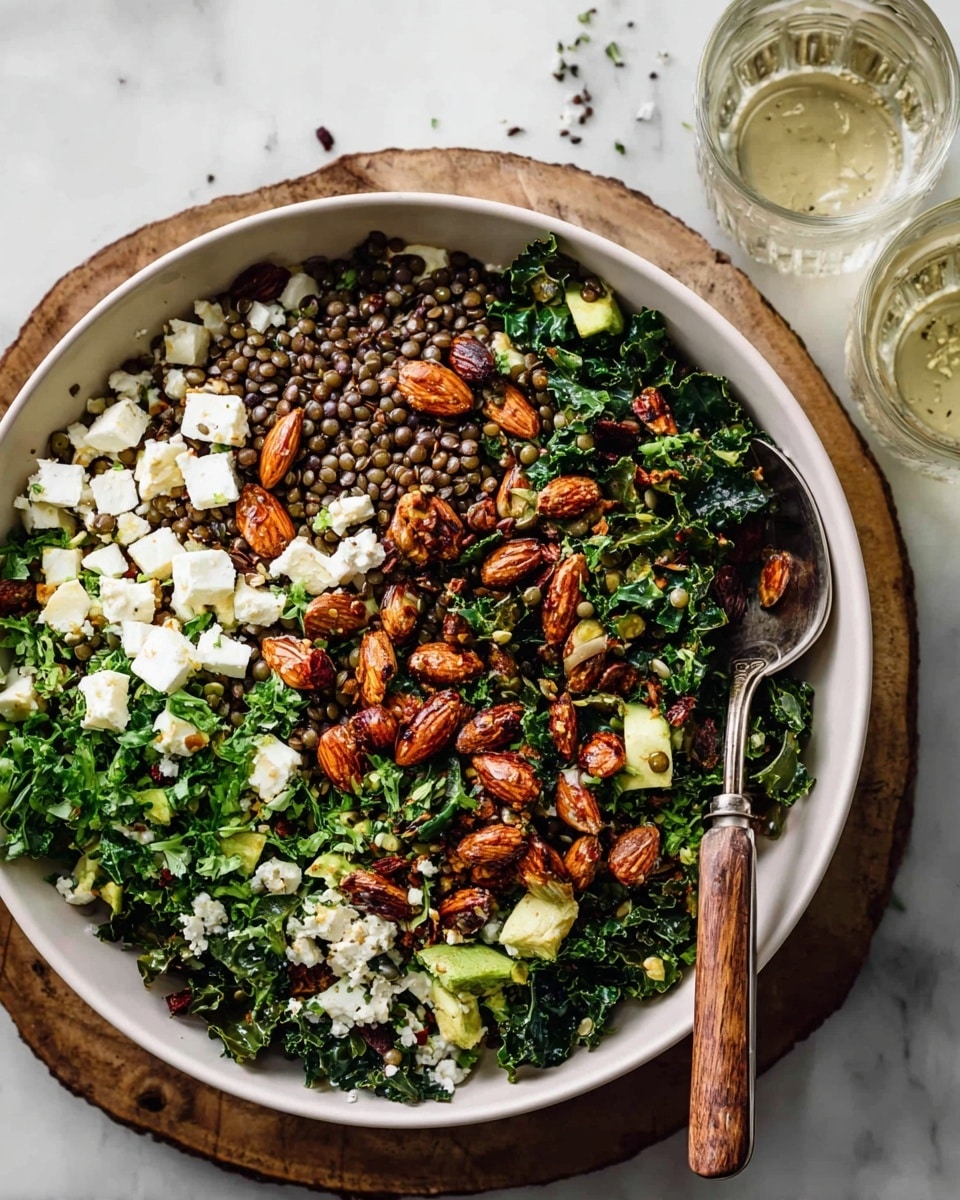 This is a salad with many layers served in a white bowl on a round wooden board, all placed on a white marbled surface. The bottom layer is dark green leafy kale mixed with fresh spinach and parsley, giving a textured and leafy look. On top of this are light green lentils spread evenly. Scattered throughout are small white cubes of soft cheese. The top layer features a generous amount of roasted brown almonds with a slightly shiny skin. A silver spoon with a wooden handle rests inside the bowl, on the right side. In the background, two glasses filled with a clear liquid sit on the white marbled surface. photo taken with an iphone --ar 4:5 --v 7