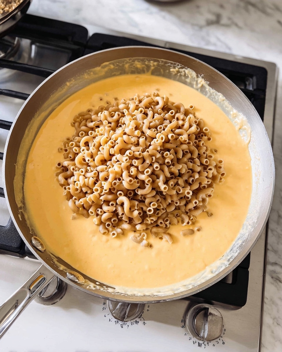 A clear frying pan on a stove holds soft yellow cheese sauce as the base layer, slightly thick and creamy in texture, filling most of the pan. On top of the cheese sauce, a mound of light brown cooked elbow macaroni pasta sits in the center, slightly piled up, with small hollow tubes and a smooth surface. The stove and knobs below the pan are visible, and the background is a white marbled countertop. Photo taken with an iphone --ar 4:5 --v 7