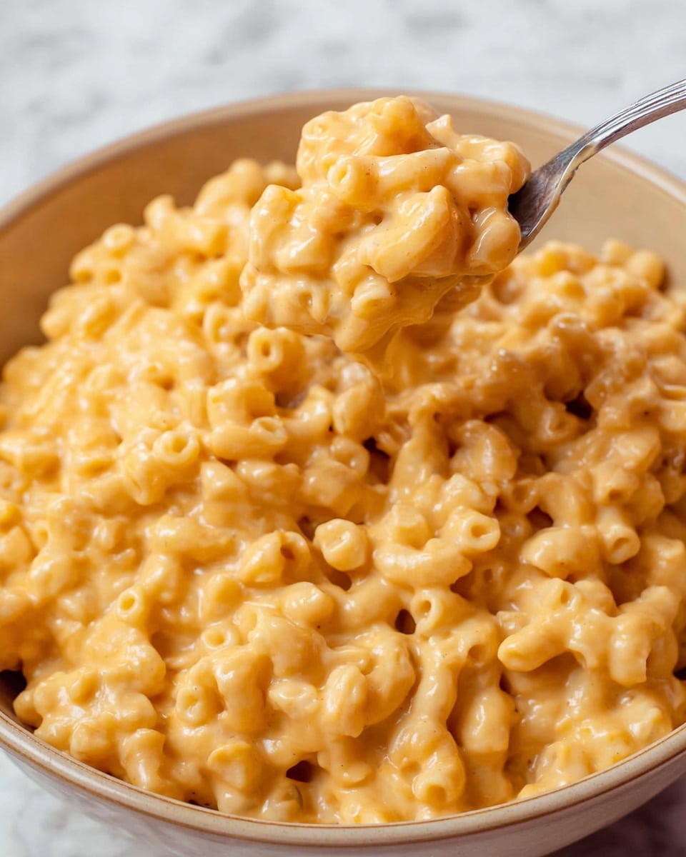 A close-up view of creamy macaroni and cheese served in a white bowl, showing many small elbow pasta pieces coated in thick, smooth orange cheese sauce. A metal fork lifts a portion of the pasta, emphasizing the soft and rich texture of the cheesy noodles with a glossy finish. The background is a white marbled texture that adds brightness to the warm colors of the dish. photo taken with an iphone --ar 4:5 --v 7