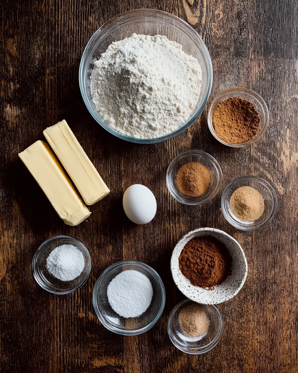 The image shows baking ingredients laid out on a wooden surface, featuring a large clear bowl in the top center filled with white flour, two sticks of pale yellow butter placed on the left side, a single white egg below the butter, and several small clear bowls with different powders and granules, including brown sugar in the bottom right, cinnamon or cocoa powder in a speckled white bowl to the right of the egg, and various salts and baking powders in the smaller bowls around the center; the arrangement is neat and organized, with the textures of the ingredients contrasting against the dark wood grain background photo taken with an iphone --ar 4:5 --v 7