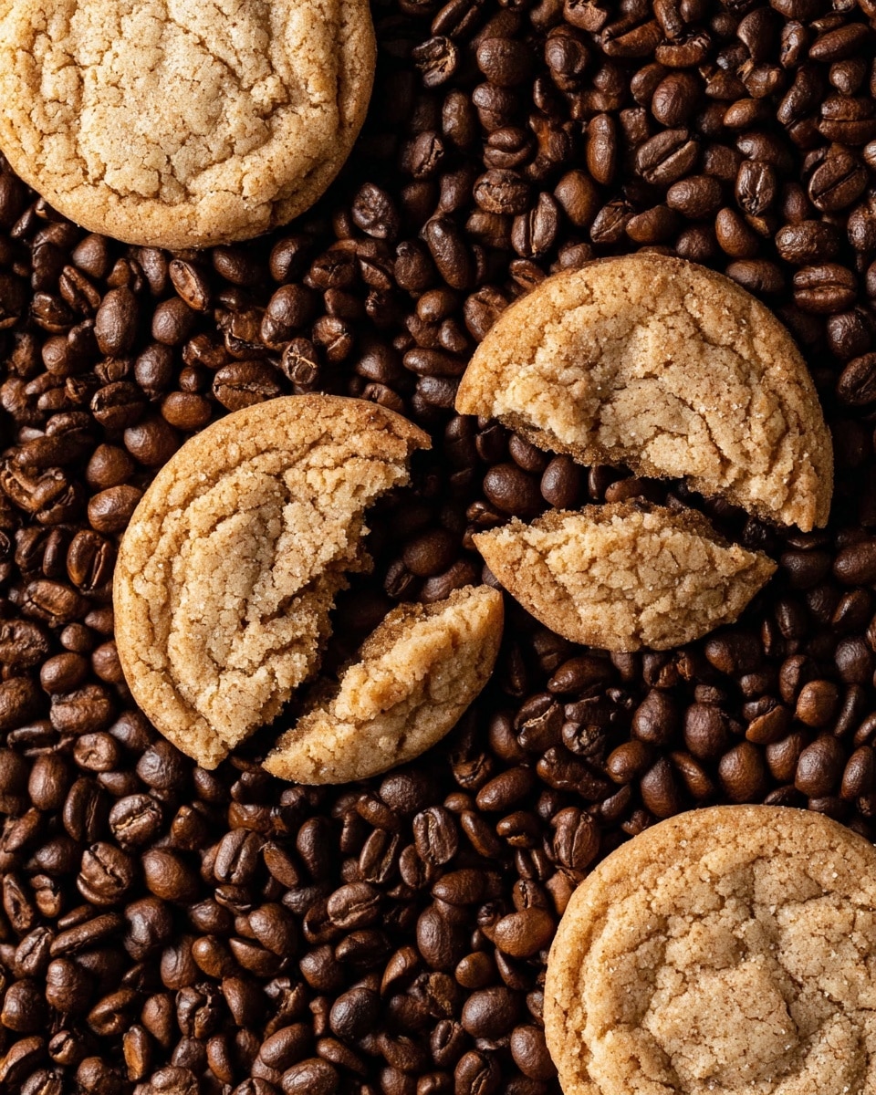 The image shows four round, golden brown cookies with a slightly cracked surface texture, resting on a thick layer of dark brown coffee beans that cover the whole background. One cookie in the center is broken into two pieces, revealing a soft, crumbly inside. The coffee beans have a glossy, smooth texture, varying in size and shape, making a dense and rich dark brown layer underneath the cookies. The colors contrast between the light brown cookies and the dark coffee beans. Photo taken with an iphone --ar 4:5 --v 7