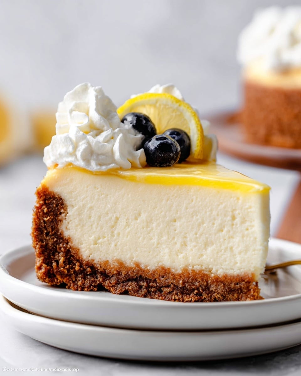A slice of cheesecake sits on a white plate with a white marbled background, showing three clear layers: a thick, crumbly brown crust at the bottom, a dense creamy beige middle layer, and a thin, shiny yellow layer on top. The top is decorated with white whipped cream dollops, a small lemon slice peeking from the whipped cream on one side, and a few dark blue blueberries on another. The plate is placed on another white plate, adding depth to the image. Photo taken with an iphone --ar 4:5 --v 7