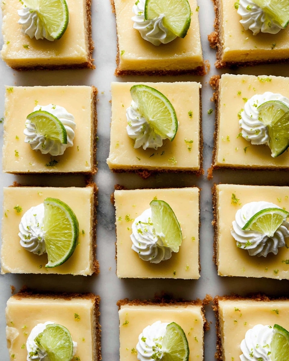 The image shows nine square slices of key lime bars arranged in a grid on a white marbled surface. Each slice has three layers: a light brown crumbly crust at the bottom, a smooth pale yellow filling in the middle, and decorative toppings on top. Some slices have a small whipped cream swirl in white placed slightly off-center, paired with a thin bright green lime wedge. Other slices only have a single lime wedge without whipped cream. The lime wedges are fresh with visible texture, and tiny lime zest bits are scattered lightly on the filling, adding subtle green specks. The bars have clean, sharp edges and a soft matte finish. Photo taken with an iphone --ar 4:5 --v 7