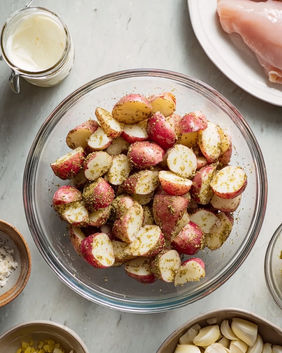 A clear glass bowl filled with red-skinned potato pieces cut into halves and quarters, coated with a greenish seasoning giving a speckled texture; the bowl is placed on a white marbled surface surrounded by a small white bowl holding finely chopped garlic, a jar of white sauce on the top left, a white plate with two raw chicken tenderloins to the right, and partial views of other small bowls containing light yellow and beige ingredients at the bottom, all arranged casually for food preparation, photo taken with an iphone --ar 4:5 --v 7