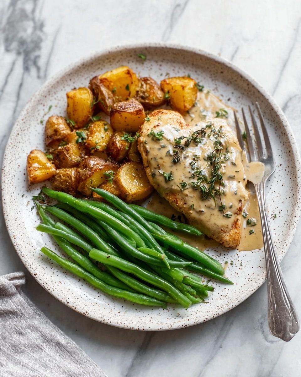 The dish is served on a white speckled plate placed on a white marbled surface. It has three main parts: on the left side, there is a pile of golden brown roasted potato pieces with a crispy texture; in the center, a single piece of cooked chicken covered in a creamy sauce with herbs visible on top; on the right side, a neat row of bright green beans lightly coated with the same creamy sauce. A silver fork rests on the top right edge of the plate. The image is well-lit with soft natural light. Photo taken with an iphone --ar 4:5 --v 7