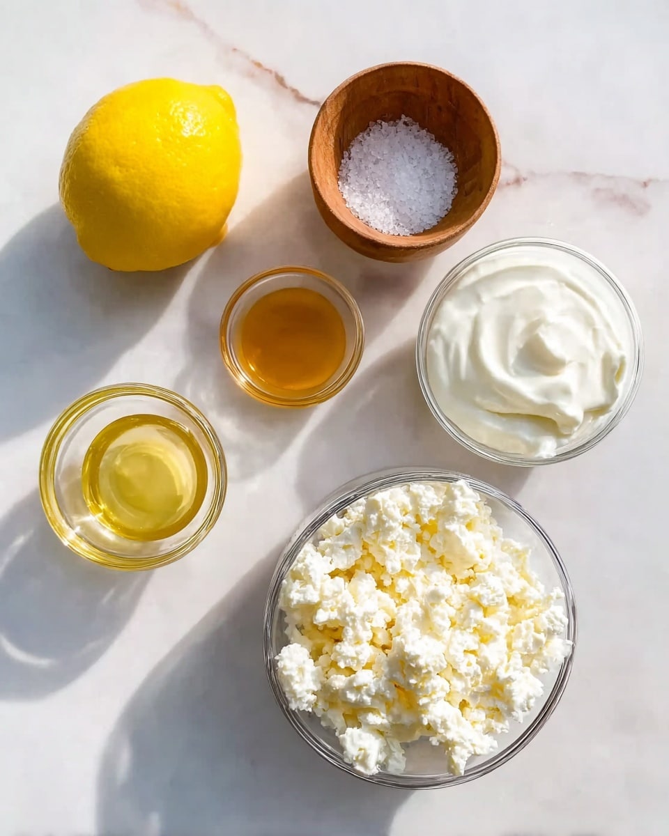 A white marbled surface holds six bowls and one lemon arranged in a loose circle. At the top left sits a whole bright yellow lemon. Below it is a small wooden container with coarse salt inside, its lid slightly open. Center-left shows a small glass bowl filled with golden honey. Above it is a tiny glass bowl containing light yellow oil. To the right, a larger glass bowl holds thick white yogurt with a smooth texture. At the bottom right, another glass bowl contains crumbly white cheese with small curds piled high. The overall scene is bright with soft natural light highlighting the fresh and simple ingredients. photo taken with an iphone --ar 4:5 --v 7