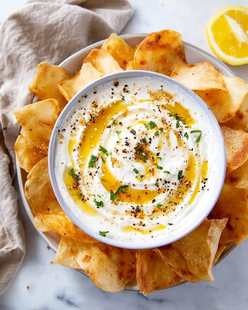 A white bowl filled with creamy white dip that has swirls of golden oily sauce on top, sprinkled with small green herb pieces and black pepper flakes. The bowl sits in the middle of a white plate that holds light golden-brown crispy chips arranged all around it. The whole setup is placed on a white marbled surface with a soft beige cloth and a yellow lemon wedge nearby. Photo taken with an iphone --ar 4:5 --v 7