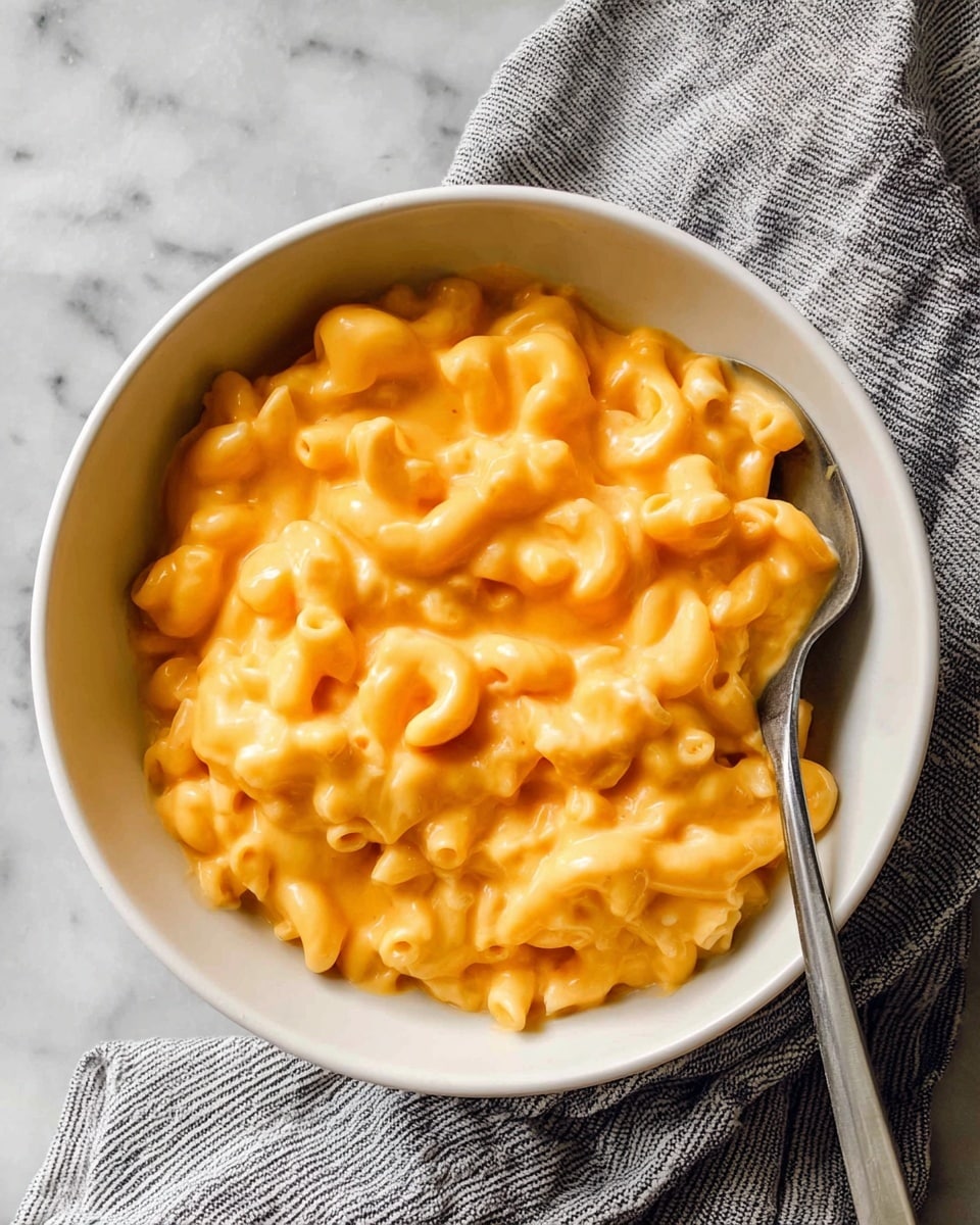 A white bowl filled with creamy macaroni and cheese showing one thick top layer of bright orange cheese sauce coating elbow pasta, with a silver spoon inside the bowl resting on the pasta. The bowl is placed on a white marbled surface next to a gray and white striped cloth. Photo taken with an iphone --ar 4:5 --v 7