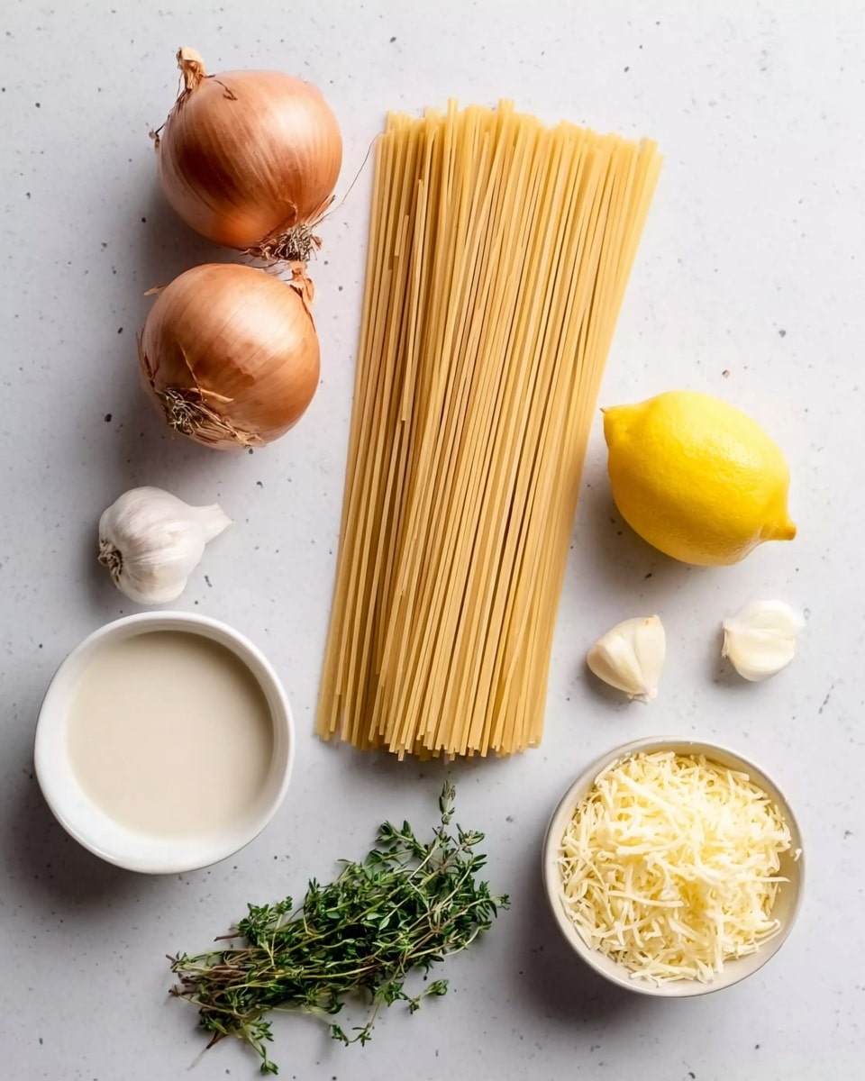 The image shows a white marbled surface with eight food items arranged neatly. In the center, there is a long stack of beige uncooked pasta strands placed vertically. On the left side of the pasta, there are two whole brown onions stacked one above the other, and below them, a small white bowl filled with a creamy white liquid. On the right side of the pasta, there is a whole yellow lemon, two peeled garlic cloves, a small bunch of green fresh thyme, and a small white bowl filled with shredded pale yellow cheese. The layout is clean and bright with natural lighting. photo taken with an iphone --ar 4:5 --v 7
