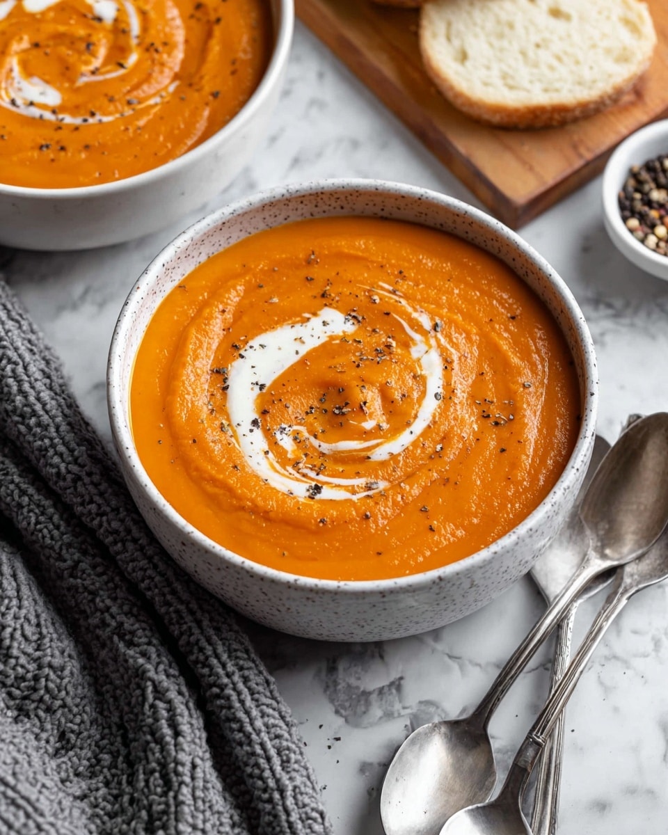 A bowl filled with thick, smooth orange soup, topped with a swirl of white cream and sprinkled with coarse black pepper, sitting on a white marbled surface. The bowl is white with a textured finish, and next to it are two silver spoons placed side by side. Around the bowl, there are slices of light-colored bread resting on a wooden board. In the background, a gray knit cloth with a chunky texture partially covers the surface, with another similar bowl of the same soup and a small white bowl filled with cracked black pepper visible. Photo taken with an iphone --ar 4:5 --v 7