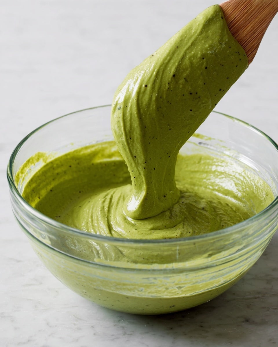 A clear glass bowl filled with thick green batter that has a smooth and slightly sticky texture, with small dark specks spread throughout. The batter is being lifted by a wooden spatula, with the woman's hand holding the spatula not visible but indicated by the grip. The batter flows slowly from the spatula back into the bowl, showing its dense and uniform consistency. The bowl sits on a white marbled surface, and the lighting highlights the glossy and fresh look of the batter. photo taken with an iphone --ar 4:5 --v 7