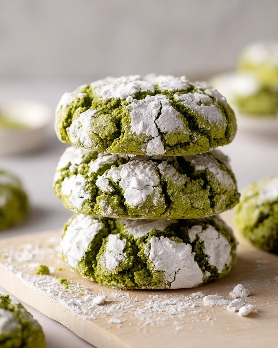 A stack of three round green cookies is shown close up, each cookie covered with uneven patches of white powdered sugar that crack and spread across their surface. The cookies have a rough, crumbly texture with visible cracks, and the green color is vibrant and fresh. They sit on a light wood board with scattered powdered sugar crumbs around them, all placed on a white marbled surface with a soft, neutral background. More green cookies with white sugar patches are blurred in the background. photo taken with an iphone --ar 4:5 --v 7