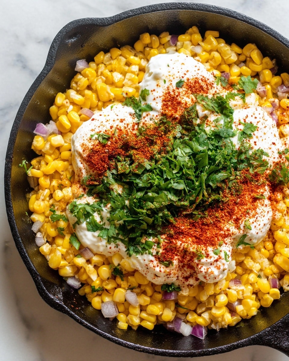 A black cast iron pan filled with bright yellow corn kernels with small pieces of purple onion scattered among them forming the base layer; on top there are dollops of creamy white sour cream placed in the center, sprinkled with bright red paprika powder and chili powder; fresh chopped green cilantro is spread over the sour cream and spices, adding a fresh green touch. The pan is set on a white marbled surface. photo taken with an iphone --ar 4:5 --v 7