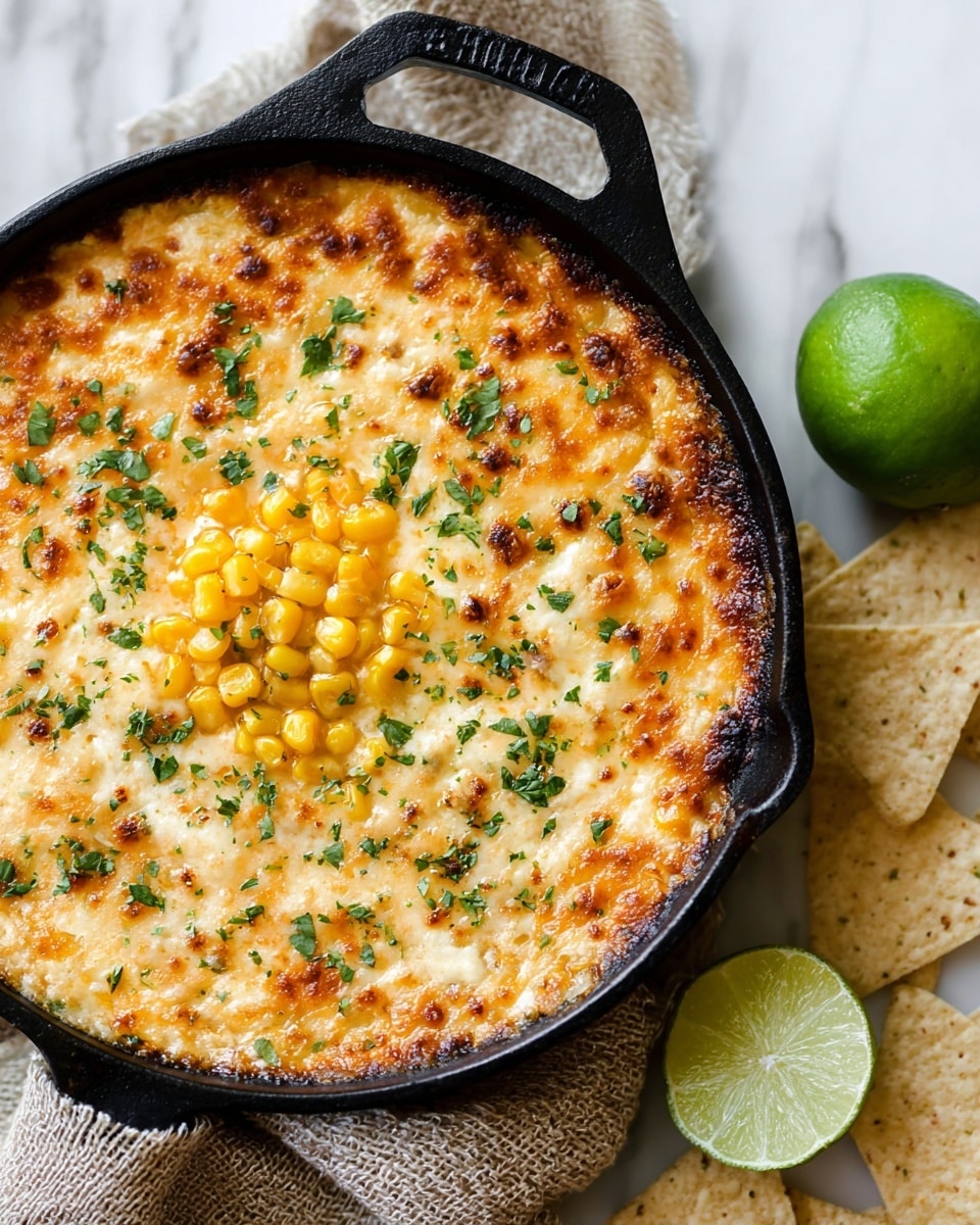 A close-up of a black cast iron pan filled with a baked dish that has a top layer of melted cheese with golden brown spots, sprinkled with small green herb leaves and bright yellow corn kernels concentrated in the center. The dish rests on a white marbled surface with a beige textured cloth partially under the pan. On the cloth, there is a halved lime showing its fresh green inside, and a few triangular white tortilla chips are placed on the white marbled surface near the pan. Photo taken with an iphone --ar 4:5 --v 7