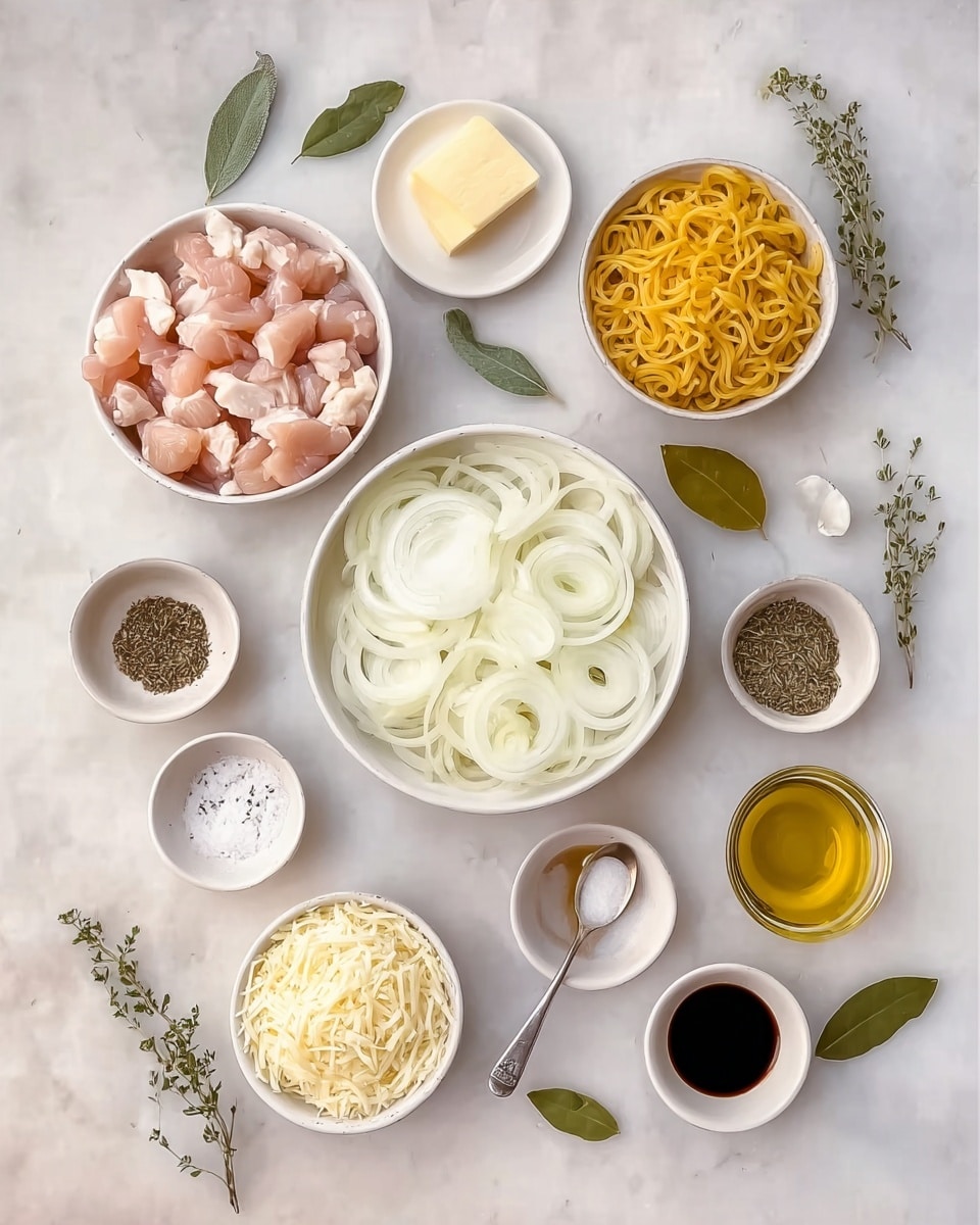 The image shows a large white round bowl at the center filled with thinly sliced white onions, almost giving a soft texture look. Above it and slightly left is another white bowl filled with raw chicken pieces, pale pink and chunky. Around these bowls, smaller white bowls hold various ingredients; one near the bottom left holds shredded white cheese, one to its right also with shredded cheese but a little more color, near the bottom center is a small bowl with salt, and beside it a small spoon with minced garlic. To the top right, a white bowl is filled with uncooked yellow pasta or orzo, next to it are three small bowls containing dark liquid soy sauce, crushed pepper, and dried herbs. Above the chicken bowl, small white plates carry a chunk of butter and golden olive oil. Fresh green herbs and bay leaves lie scattered nicely on the white marbled surface. Everything is arranged neatly, bright, and colorful. Photo taken with an iphone --ar 4:5 --v 7