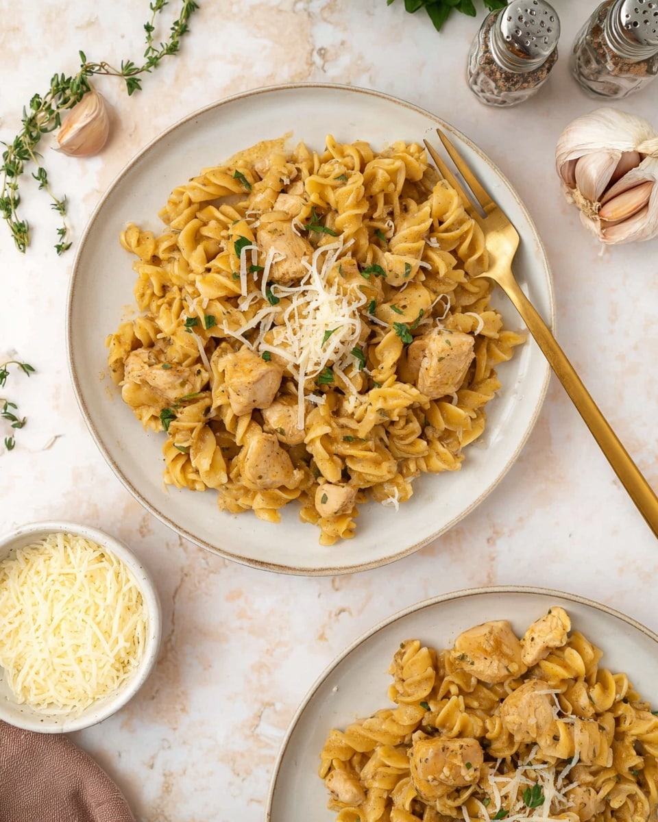 Two white plates hold a dish made of small, yellow pasta mixed with light brown cooked chicken pieces and slices of onion. The pasta and chicken are evenly spread in a single thick layer on each plate. On top, there is a light sprinkling of shredded white cheese and small green herb leaves scattered for decoration. A gold fork rests on the edge of the main plate. Next to the plates is a small white bowl filled with more shredded cheese, and a whole garlic bulb and a single peeled garlic clove sit nearby. The whole scene is set on a white marbled surface with small salt and pepper shakers in the background. photo taken with an iphone --ar 4:5 --v 7