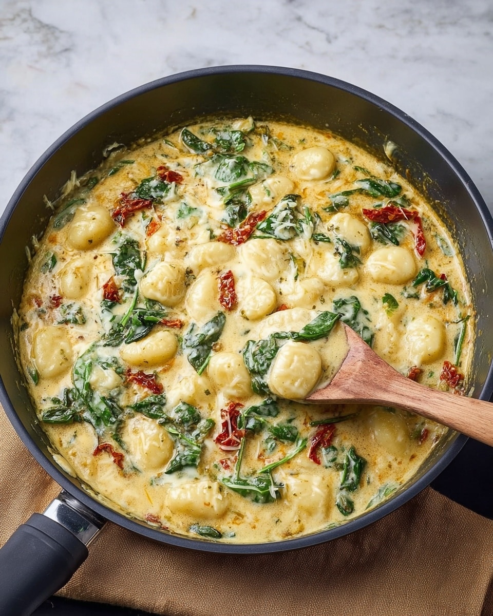 A black pan filled with creamy gnocchi in a thick, light yellow sauce mixed with melted white cheese, vibrant green spinach leaves, and small pieces of red sun-dried tomatoes scattered throughout. The gnocchi are plump and round, sitting evenly in the sauce that has a smooth texture with herbs visible in it. A wooden spoon is scooping a portion from the right side, showing the sauce’s creamy consistency and more gnocchi beneath. The pan is placed on a soft brown cloth on a white marbled surface. photo taken with an iphone --ar 4:5 --v 7