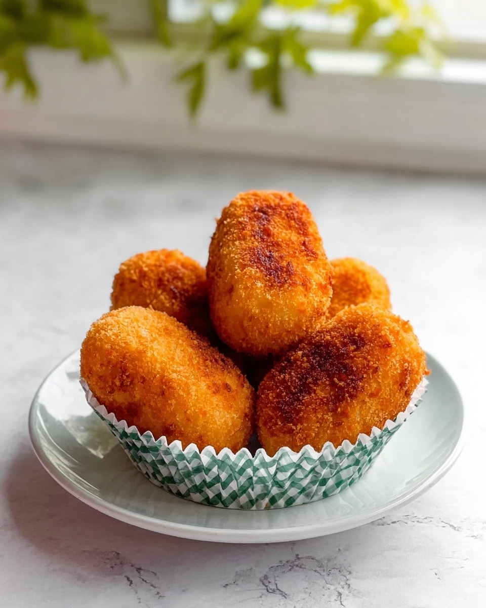 The image shows five golden-brown croquettes arranged upright inside a green and white checkered cupcake paper liner, all placed on a simple white round plate. The croquettes have a crispy and textured surface, with a warm orange hue from frying. The plate sits on a white marbled surface with subtle veins, and the background features a white window frame and a green herb cluster blurred out. The lighting highlights the crispy texture and warm colors of the croquettes. photo taken with an iphone --ar 4:5 --v 7